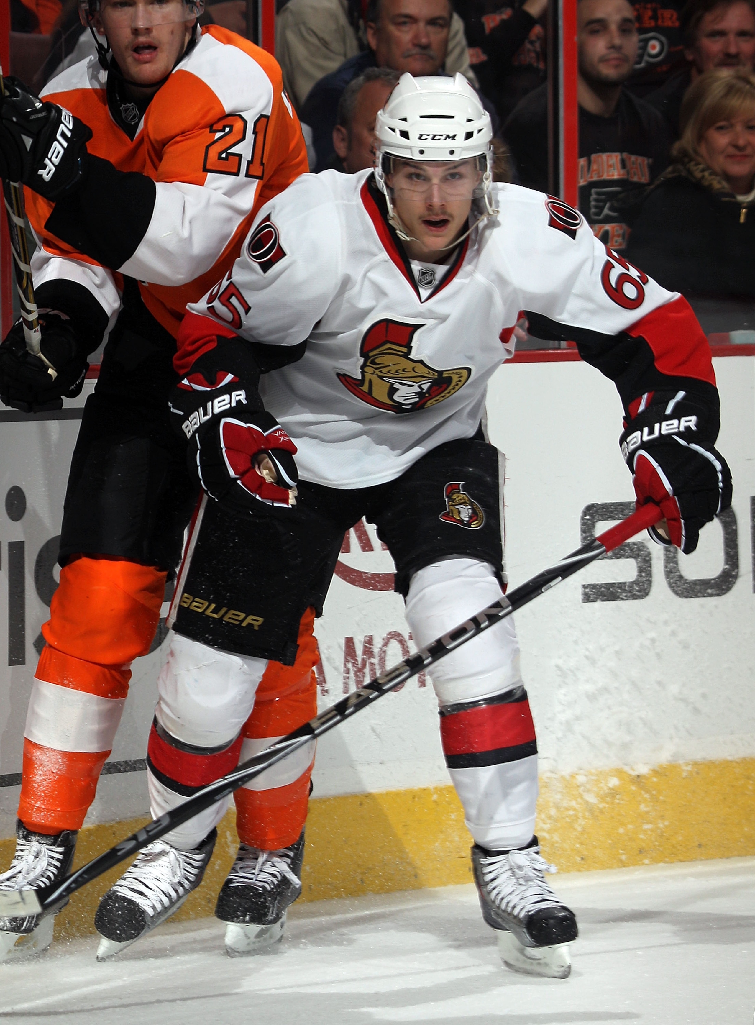 PHILADELPHIA - NOVEMBER 15:  Erik Karlsson #65 of the Ottawa Senators skates against the Philadelphia Flyers at the Wells Fargo Center on November 15, 2010 in Philadelphia, Pennsylvania.  (Photo by Bruce Bennett/Getty Images)