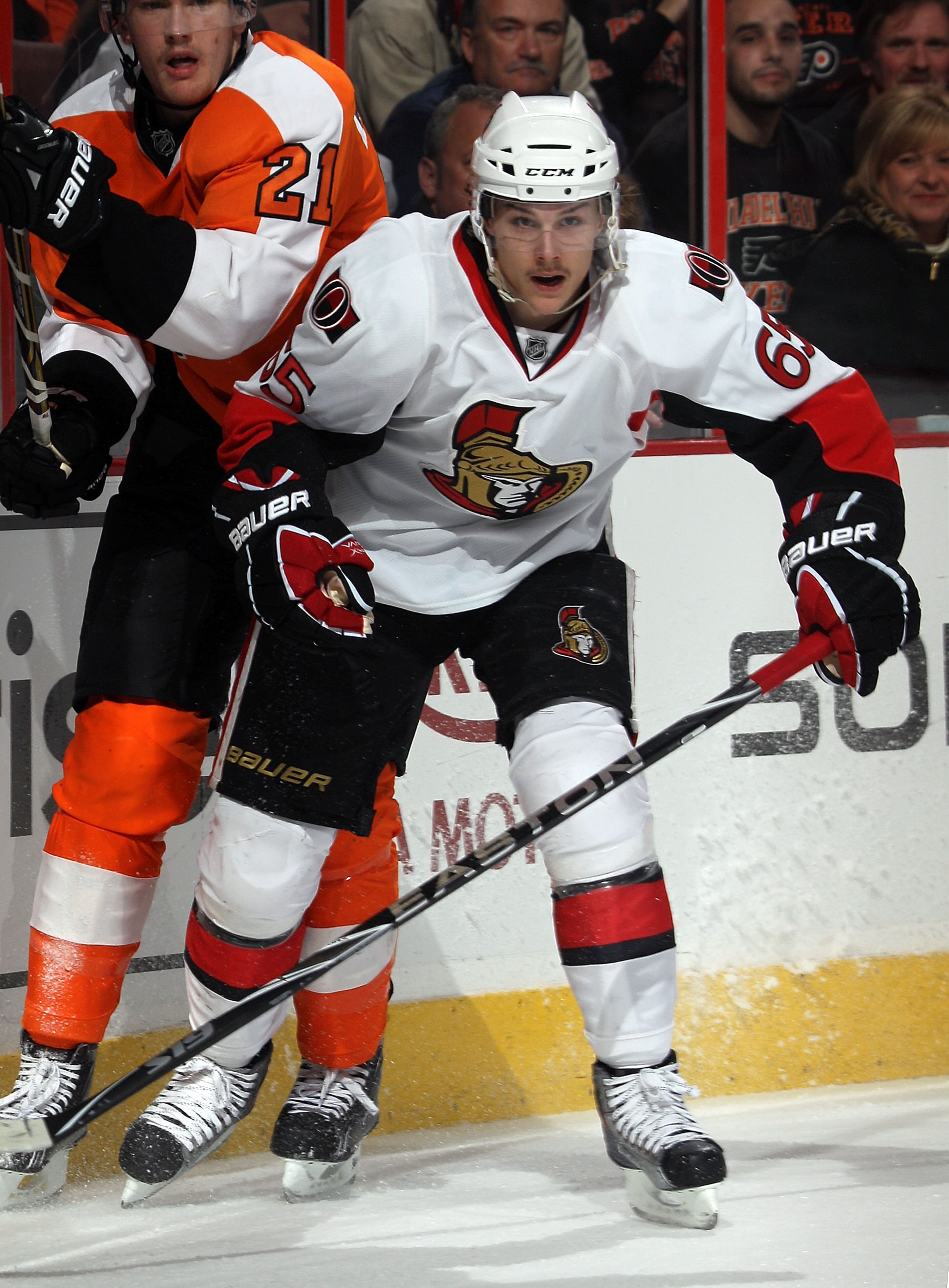 PHILADELPHIA - NOVEMBER 15:  Erik Karlsson #65 of the Ottawa Senators skates against the Philadelphia Flyers at the Wells Fargo Center on November 15, 2010 in Philadelphia, Pennsylvania.  (Photo by Bruce Bennett/Getty Images)