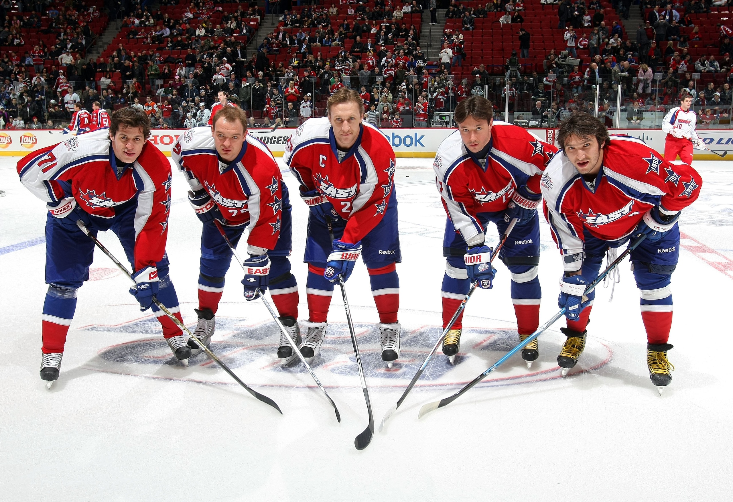MONTREAL - JANUARY 25:  Evgeni Malkin #71, Andrei Markov #79 , Alex Kovalev #27, Ilya Kovalchuk #17 and Alex Ovechkin #8 of the Eastern Conference All-Stars pose for a photo during the 2009 NHL All-Star game at the Bell Centre on January 25, 2009 in Montr
