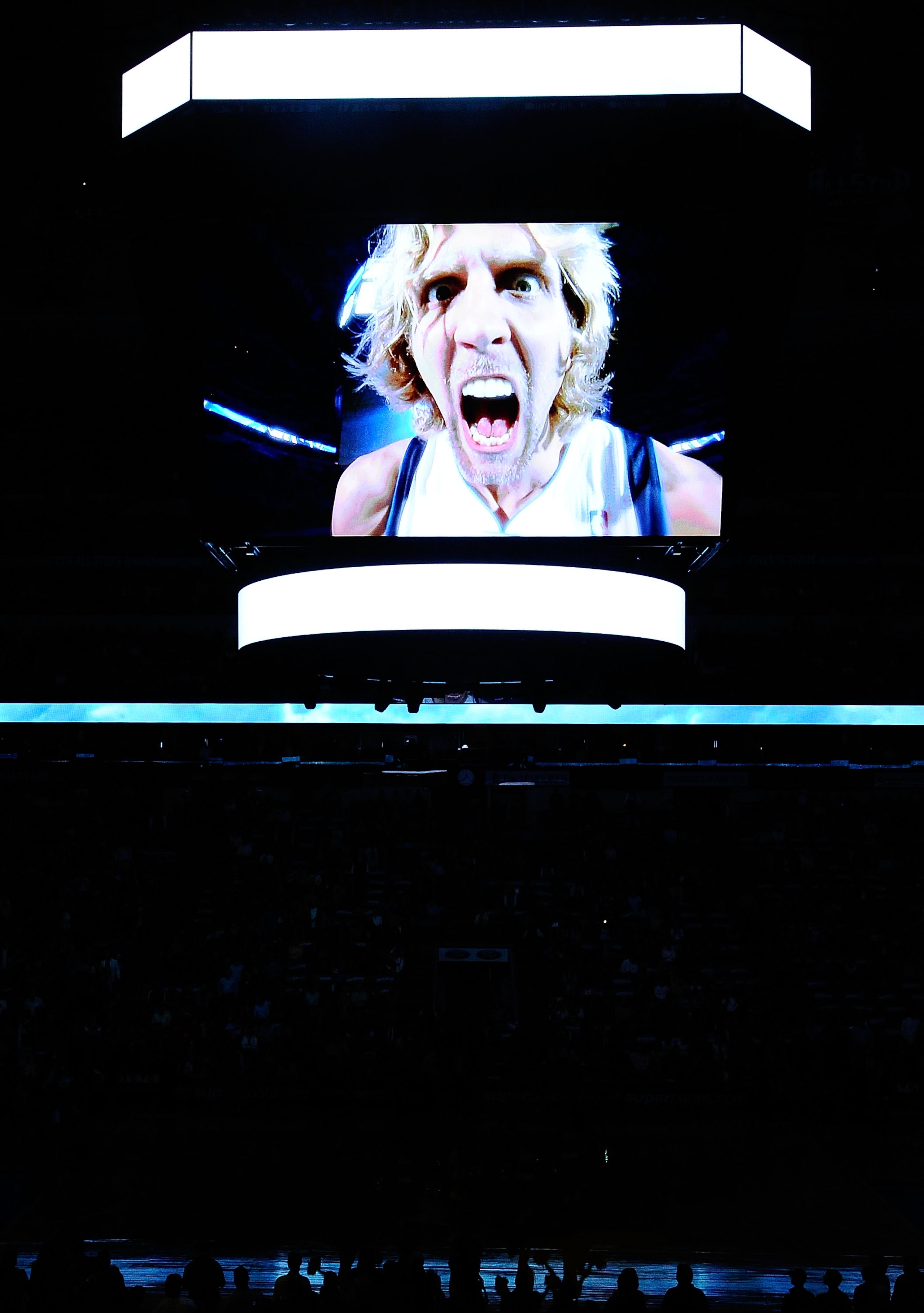 DALLAS, TX - JANUARY 04:  An image of Dirk Nowitzki #41 of the Dallas Mavericks is shown on the screen before a game against the Portland Trail Blazers at American Airlines Center on January 4, 2011 in Dallas, Texas.  NOTE TO USER: User expressly acknowle