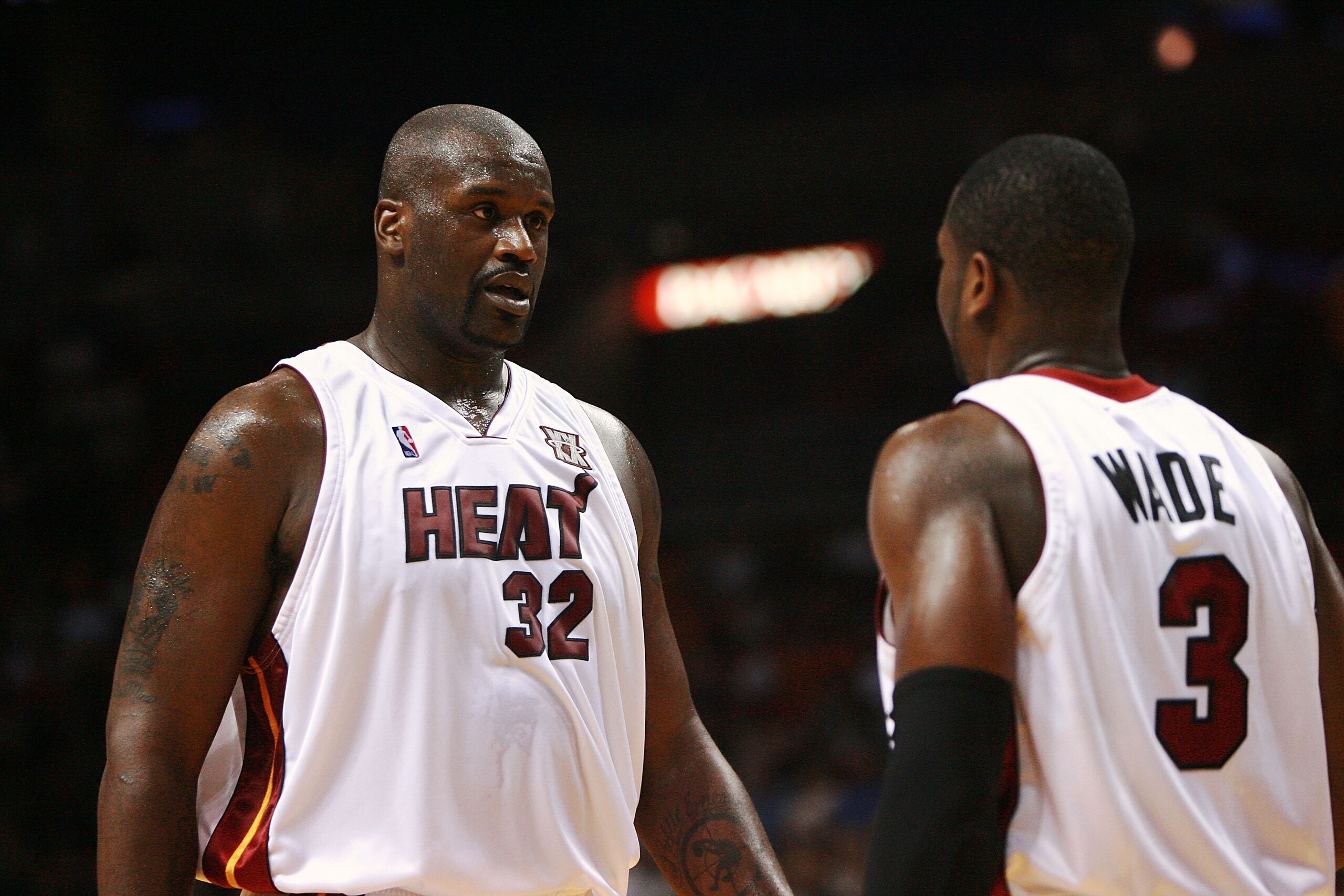 MIAMI - NOVEMBER 27:  Shaquille O'Neal #32 and Dwyane Wade #3 of the Miami Heat talk between plays while taking on the Charlotte Bobcats at American Airlines Arena November 27, 2007 in Miami, Florida. NOTE TO USER: User expressly acknowledges and agrees t
