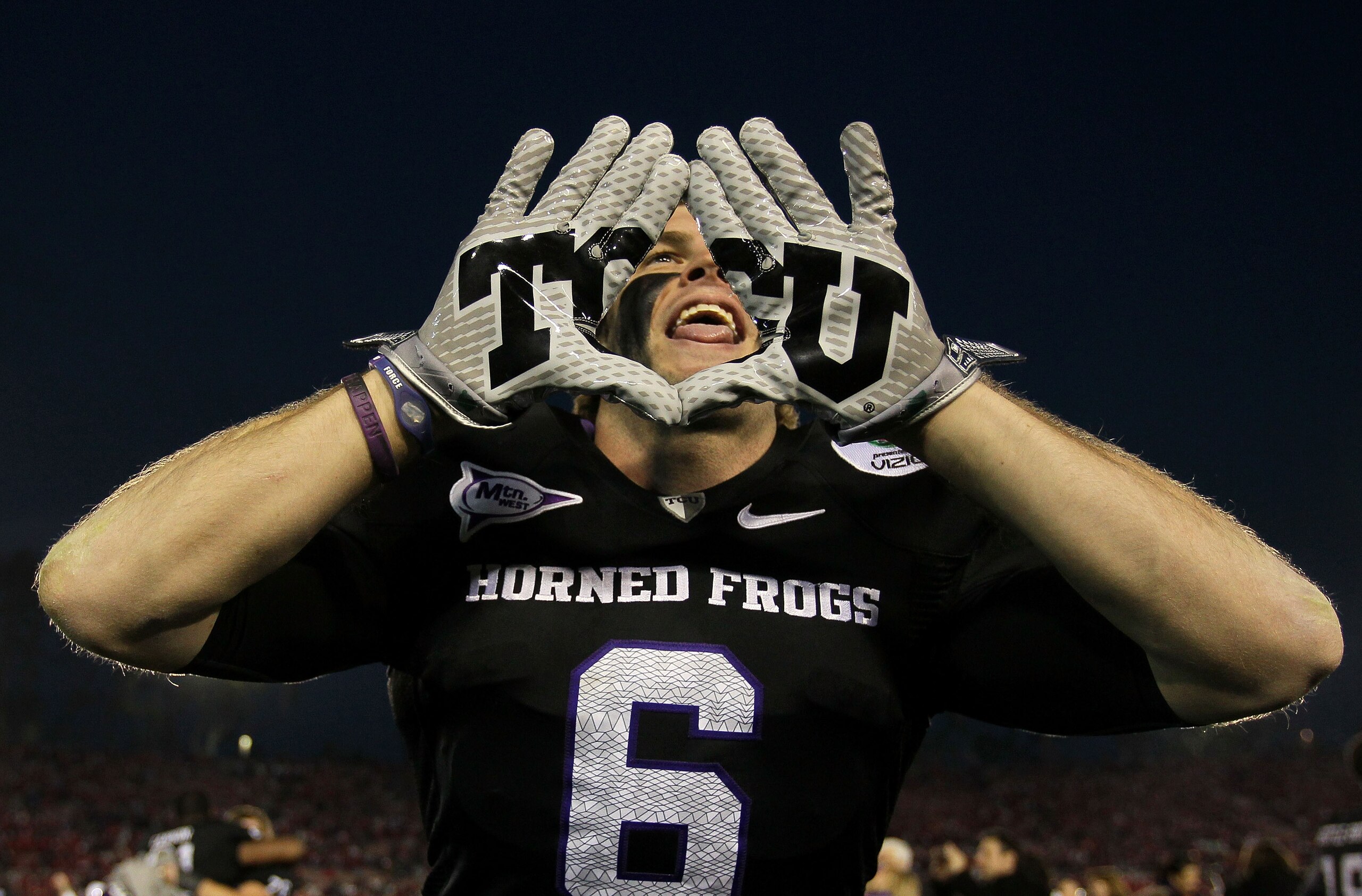 PASADENA, CA - JANUARY 01:  Wide receiver Bart Johnson #6 of the TCU Horned Frogs celebrates after defeating the Wisconsin Badgers 21-19 in the 97th Rose Bowl game on January 1, 2011 in Pasadena, California.  (Photo by Jeff Gross/Getty Images)