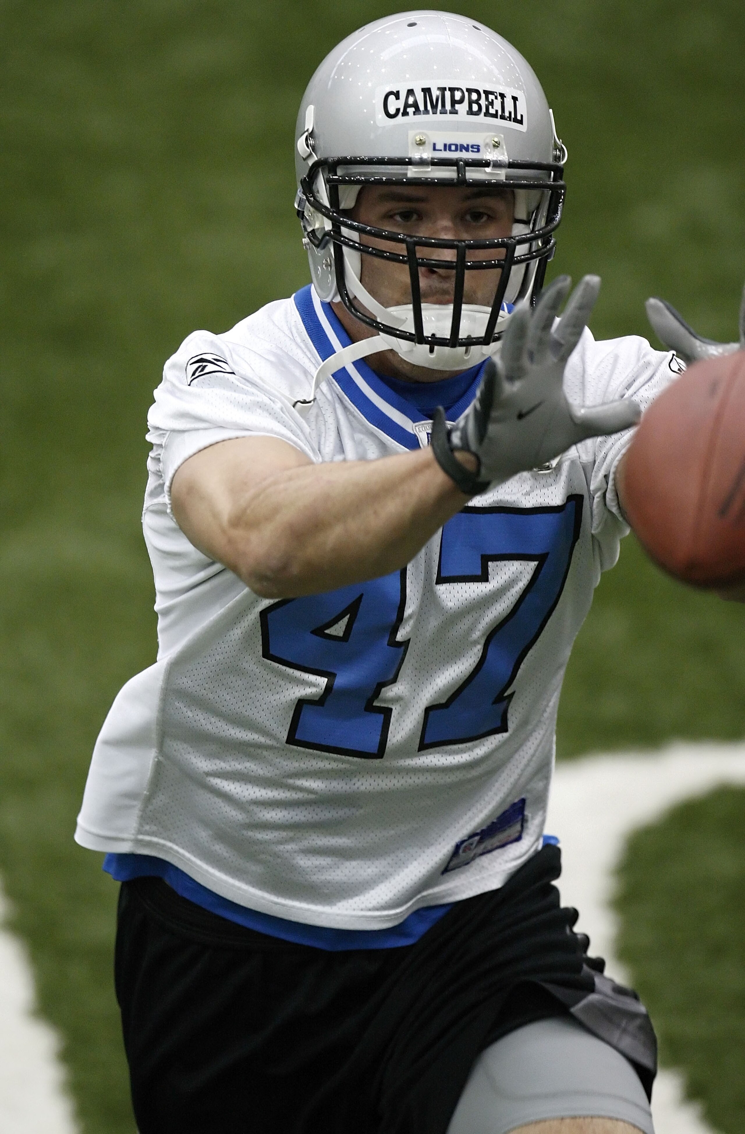 ALLEN PARK, MI - MAY 03: Caleb Campbell #47 of the Detroit Lions catches a pass during rookie training camp at the Detroit Lions Headquarters and Training Facility on May 3, 2008 in Allen Park, Michigan. (Photo by Gregory Shamus/Getty Images) ALLEN PARK, MI - MAY 03: Caleb Campbell #47 of the Detroit Lions catches a pass during rookie training camp at the Detroit Lions Headquarters and Training Facility on May 3, 2008 in Allen Park, Michigan. (Photo by Gregory Shamus/Getty Images)