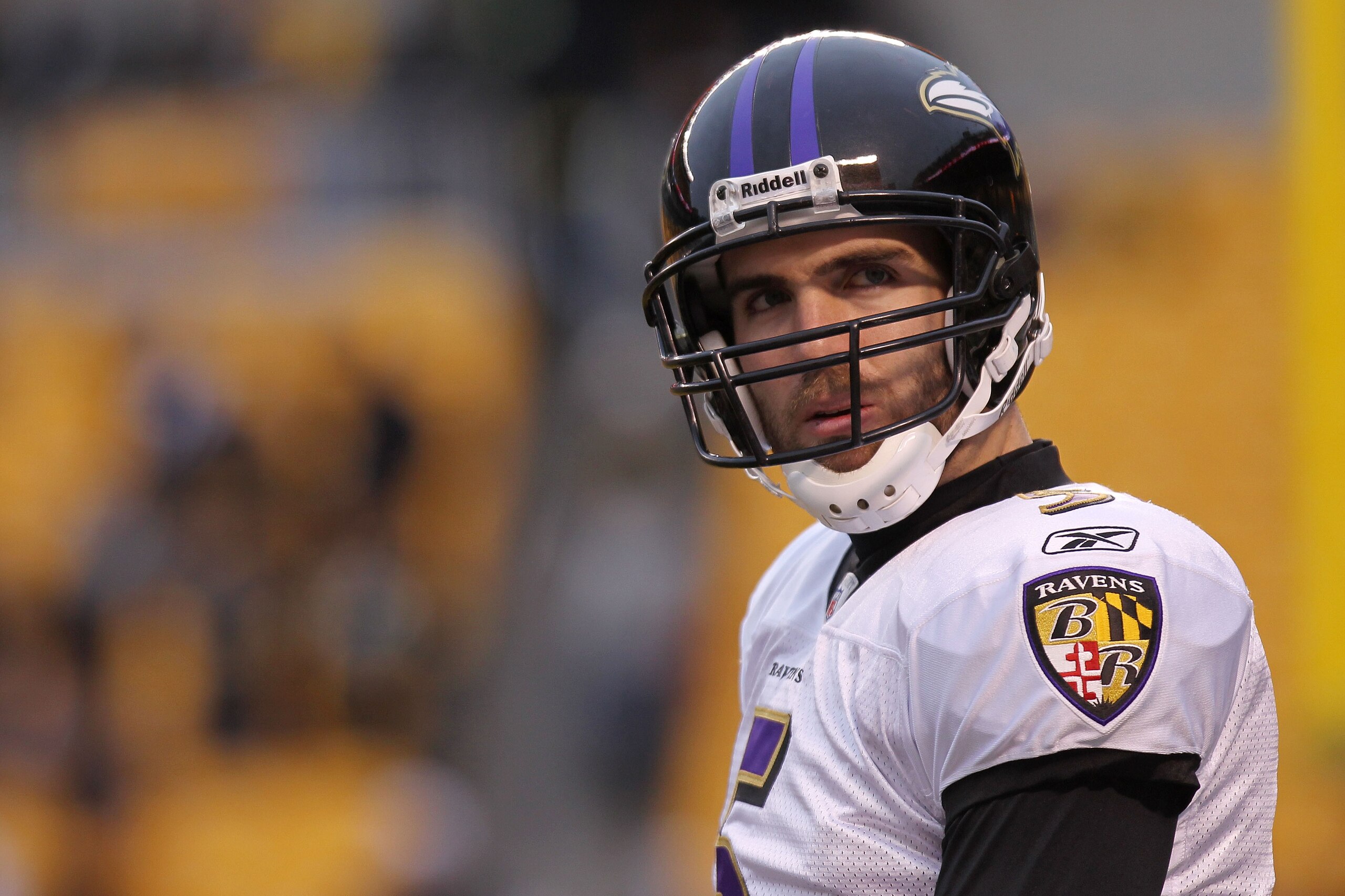 PITTSBURGH, PA - JANUARY 15:  Quarterback Joe Flacco #5 of the Baltimore Ravens stands on the field during warm ups prior to playing the Pittsburgh Steelers in the AFC Divisional Playoff Game at Heinz Field on January 15, 2011 in Pittsburgh, Pennsylvania.