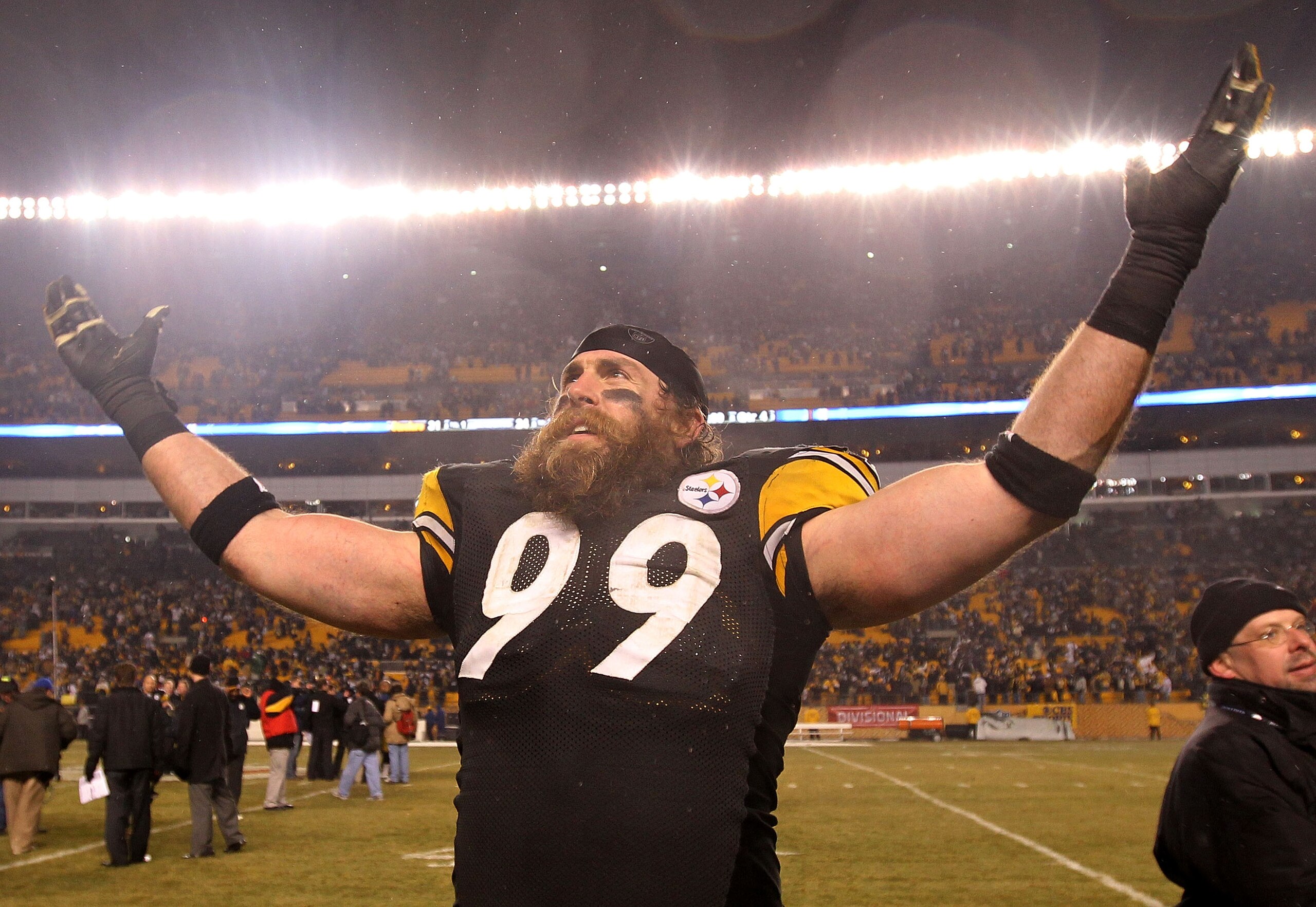 PITTSBURGH, PA - JANUARY 15:  Defensive end Brett Keisel #99 of the Pittsburgh Steelers celebrates after defeating the Baltimore Ravens 31-24 in the AFC Divisional Playoff Game at Heinz Field on January 15, 2011 in Pittsburgh, Pennsylvania.  (Photo by Nic