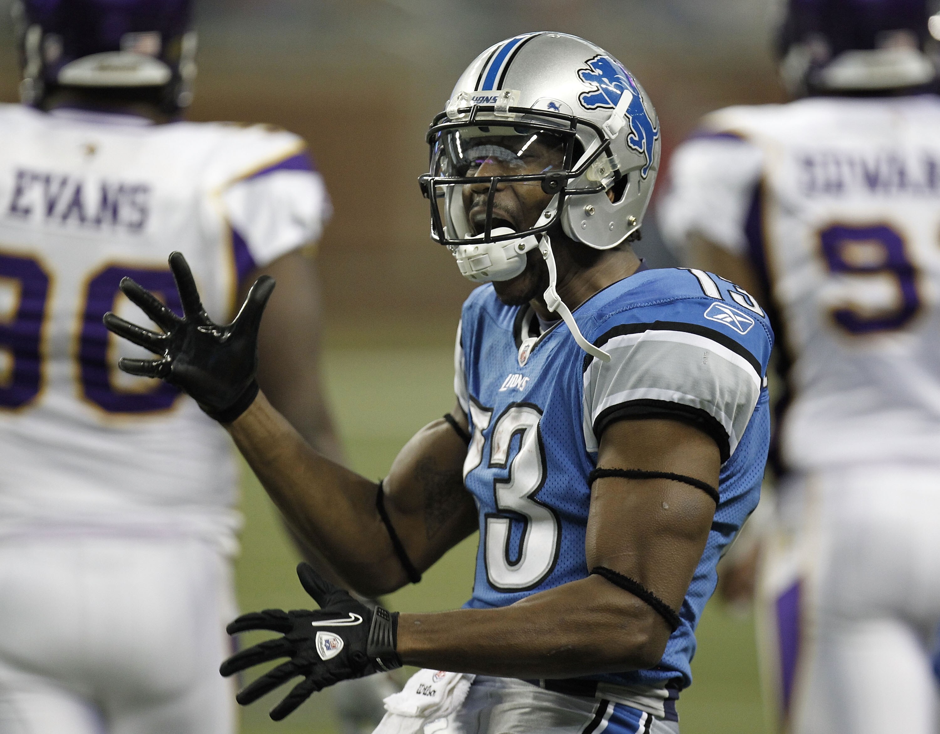 DETROIT, MI - JANUARY 02: Nate Burleson #13 of the Detroit Lions reacts after a second quarter first down catch while playing the Minnesota Vikings at Ford Field on January 2, 2011 in Detroit, Michigan.  (Photo by Gregory Shamus/Getty Images)
