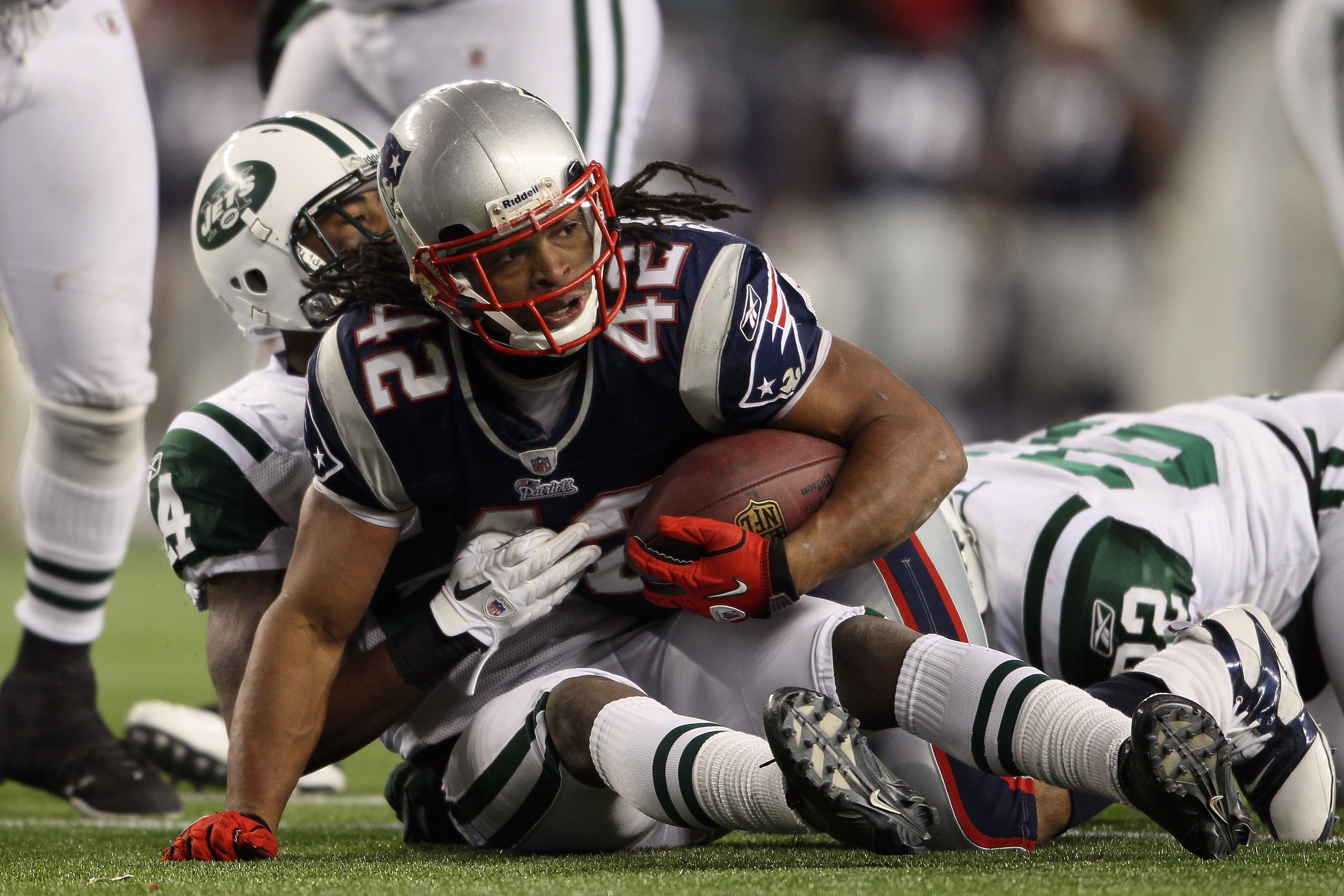FOXBORO, MA - DECEMBER 06:  BenJarvus Green-Ellis #42 of the New England Patriots looks up after he scored a 5-yard touchdown in the fourth quarter against the New York Jets at Gillette Stadium on December 6, 2010 in Foxboro, Massachusetts.  (Photo by Els