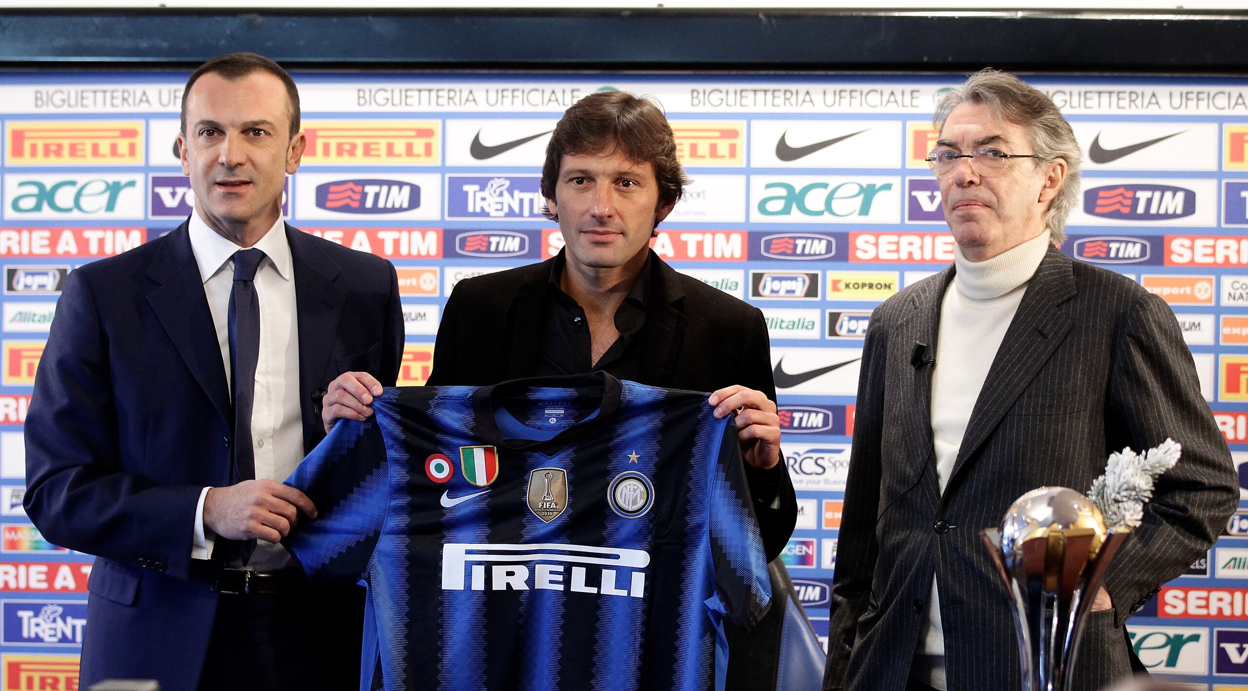 COMO, ITALY - DECEMBER 29: (L-R) Marco Branca, Leonardo, Massimo Moratti attend a press conference during the unveiling of Fc Internazionale Milano new coach at Centro Sportivo Angelo Moratti on December 29, 2010 in Appiano Gentile near Como, Italy.  (Pho