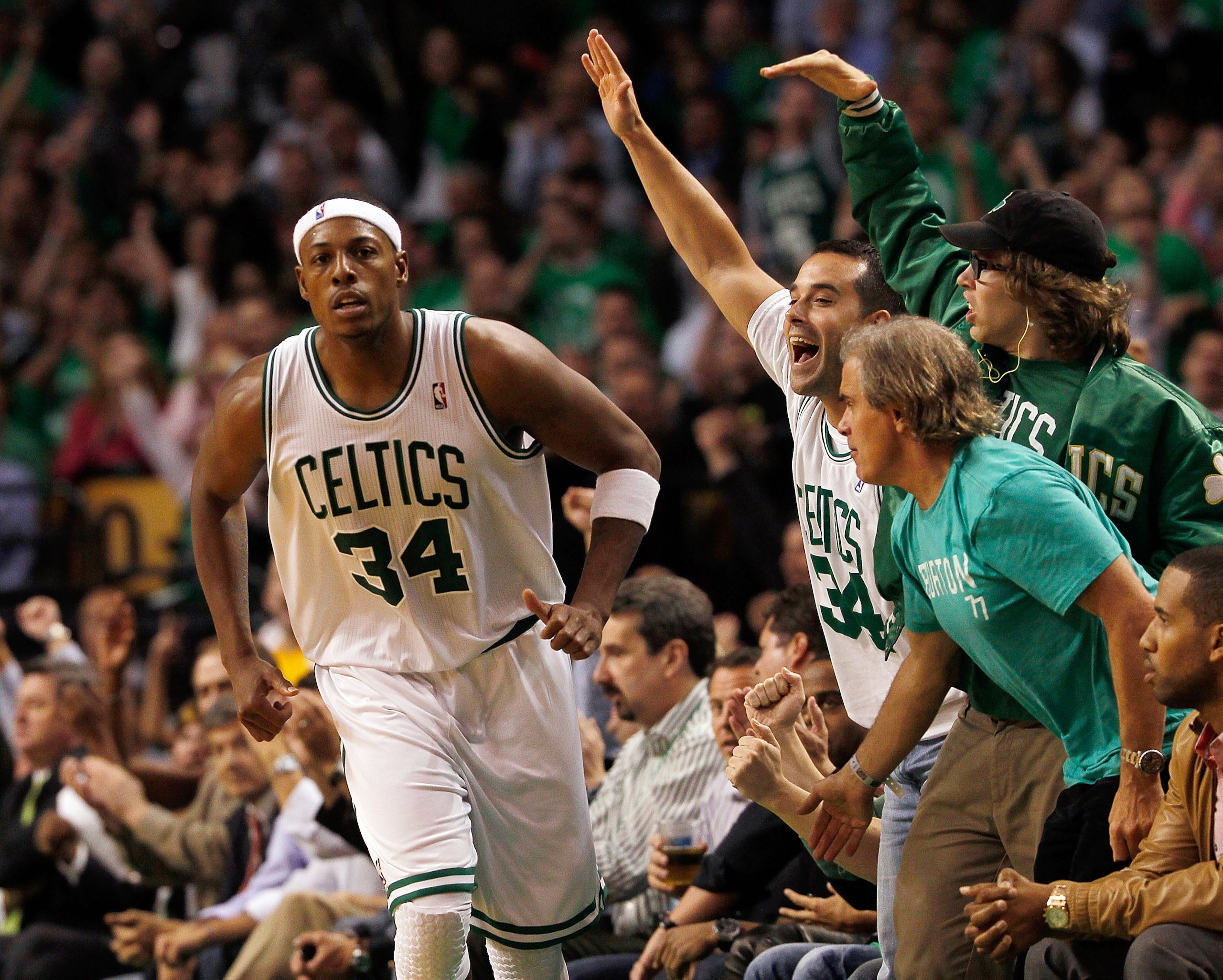 BOSTON, MA - OCTOBER 26: Fans reacts after Paul Pierce #34 of the Boston Celtics scored a basket against the Miami Heat at the TD Banknorth Garden on October 26, 2010 in Boston, Massachusetts. NOTE TO USER: User expressly acknowledges and agrees that, by BOSTON, MA - OCTOBER 26: Fans reacts after Paul Pierce #34 of the Boston Celtics scored a basket against the Miami Heat at the TD Banknorth Garden on October 26, 2010 in Boston, Massachusetts. NOTE TO USER: User expressly acknowledges and agrees that, by