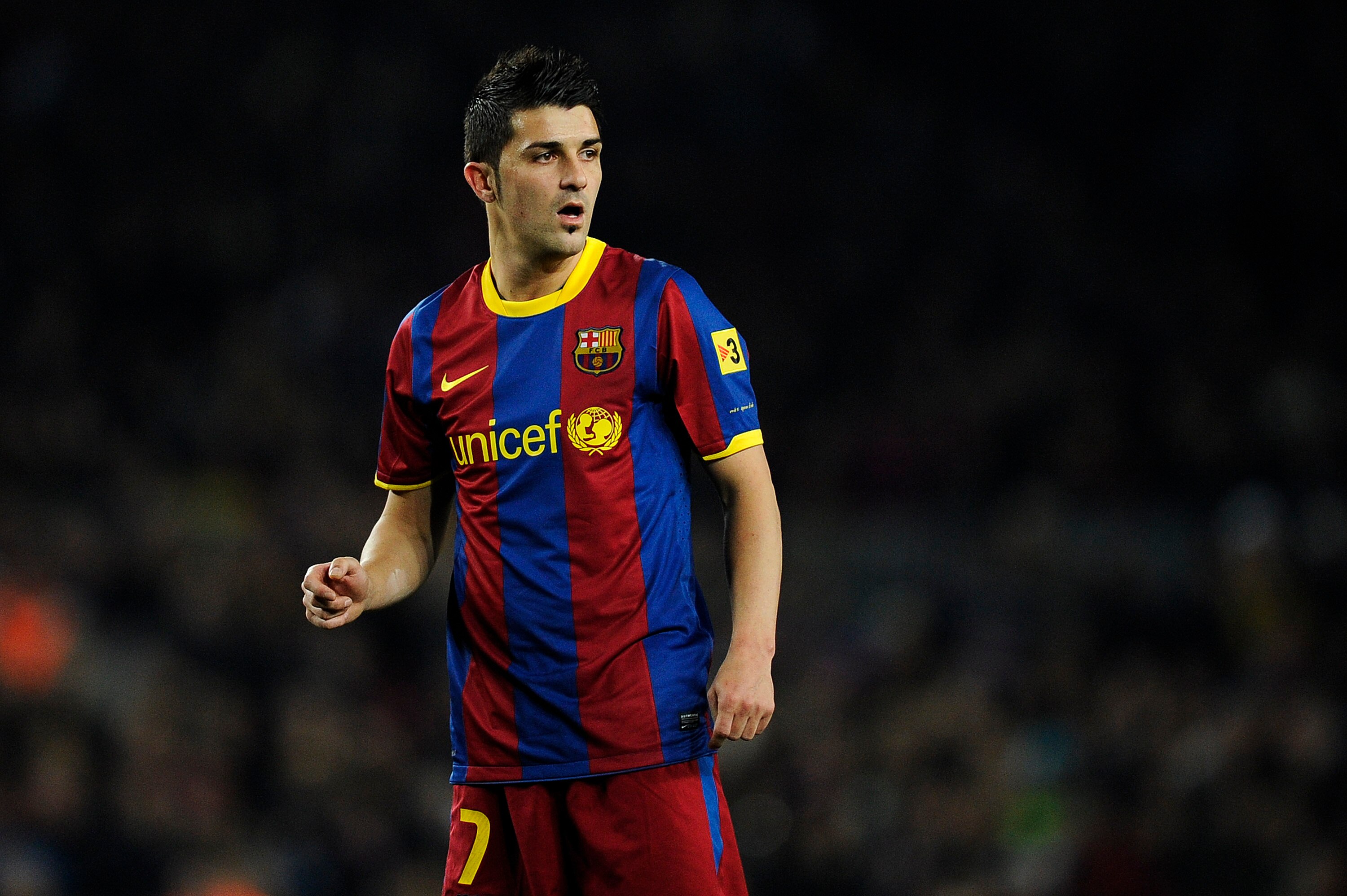 BARCELONA, SPAIN - JANUARY 02:  David Villa of Barcelona looks on during the La Liga match between Barcelona and Levante UD at Camp Nou on January 2, 2011 in Barcelona, Spain. Barcelona won 2-1.  (Photo by David Ramos/Getty Images)