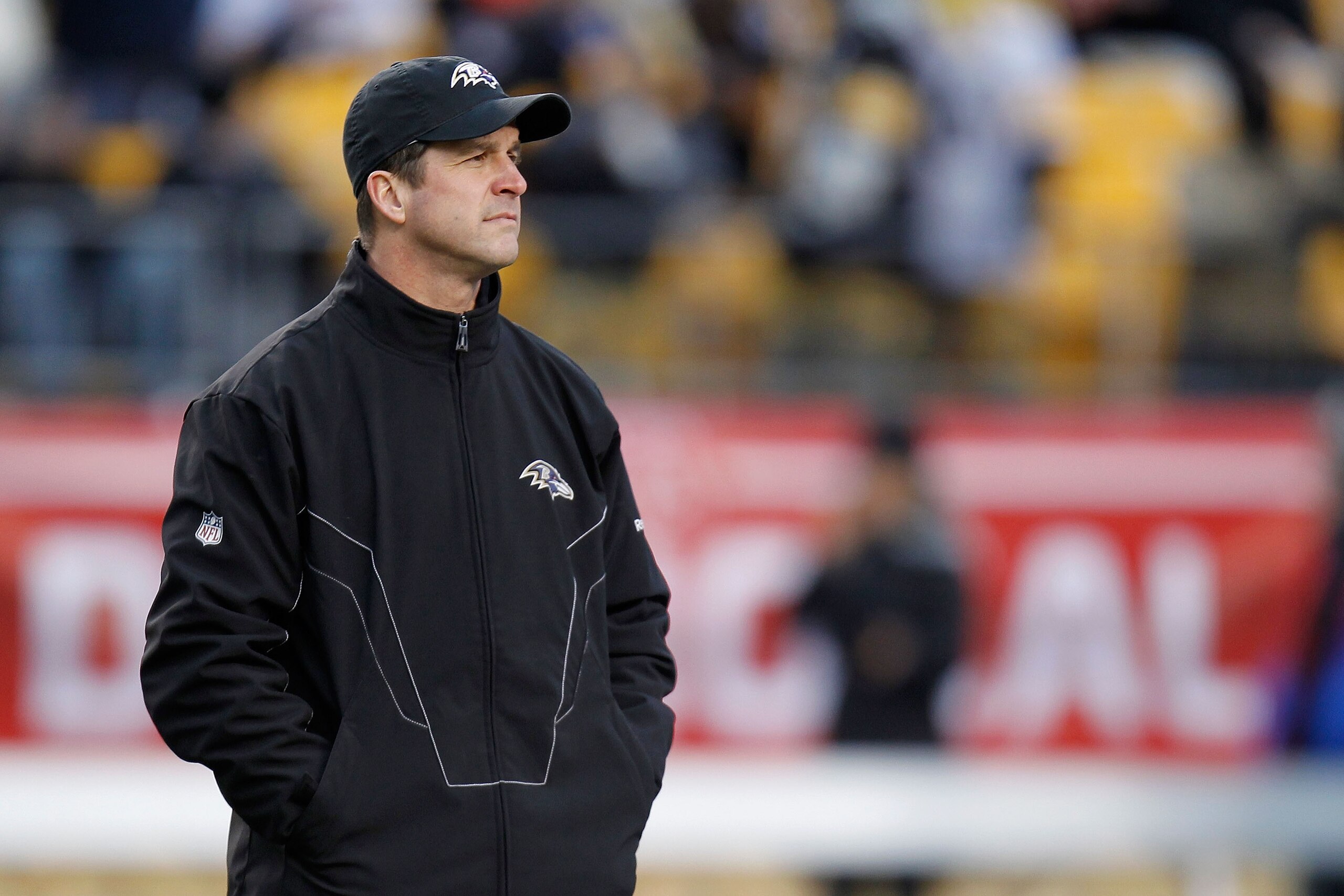 PITTSBURGH, PA - JANUARY 15:  Head coach John Harbaugh of the Baltimore Ravens looks on prior to playing the Pittsburgh Steelers in the AFC Divisional Playoff Game at Heinz Field on January 15, 2011 in Pittsburgh, Pennsylvania.  (Photo by Gregory Shamus/G