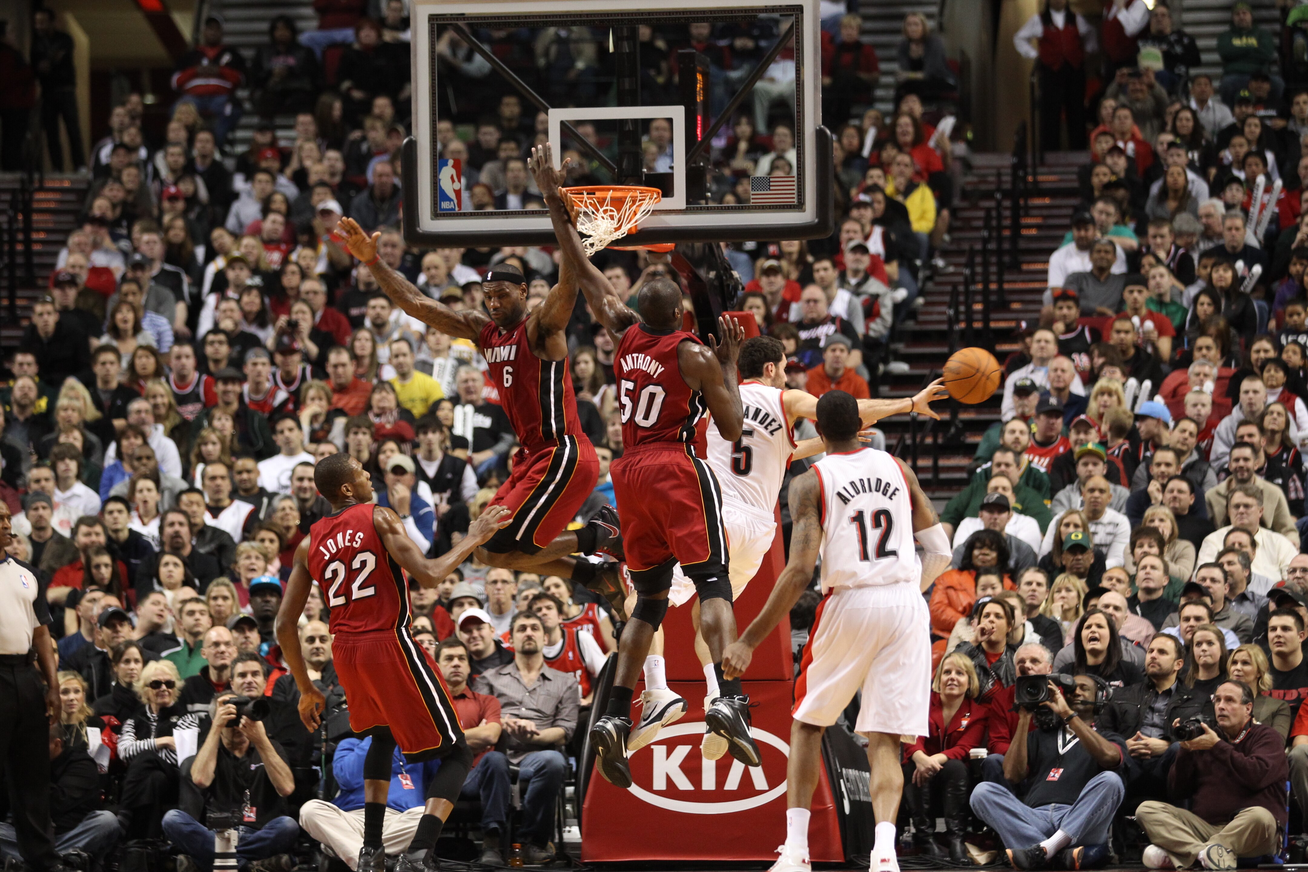 PORTLAND, OR - JANUARY 09: LeBron James #6 and Joel Anthony #50 of the Miami Heat defend the basket against the Portland Trail Blazers during a game on January 9, 2011 at the Rose Garden Arena in Portland, Oregon. NOTE TO USER: User expressly acknowledges