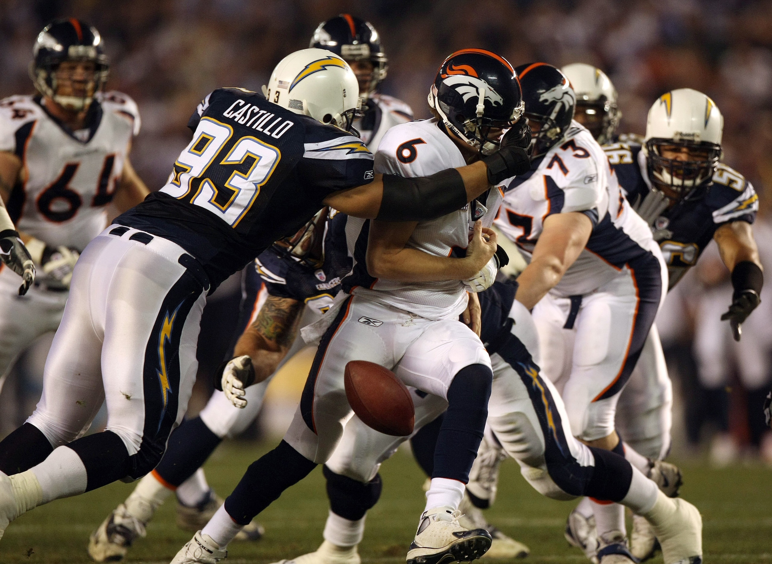 SAN DIEGO - DECEMBER 24:  Starting Quarterback Jay Cutler #6 of the Denver Broncos is sacked and fumbles the ball from the pressure of Luis Castillo #93 of the San Diego Chargers during the first half of their NFL game at Qualcomm Stadium December 24, 200