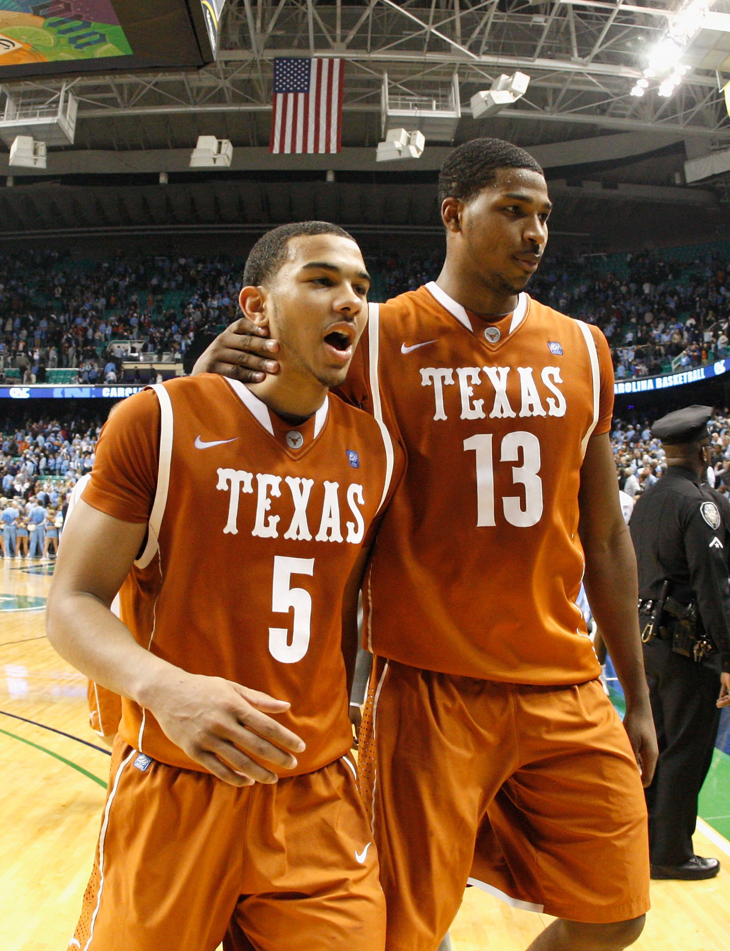 GREENSBORO, NC - DECEMBER 18: Cory Joseph #5 and Tristan Thompson #13 of the Texas Longhorns react after their 78-76 win over the North Carolina Tar Heels Greensboro Coliseum on December 18, 2010 in Greensboro, North Carolina. (Photo by Kevin C. Cox/Get GREENSBORO, NC - DECEMBER 18: Cory Joseph #5 and Tristan Thompson #13 of the Texas Longhorns react after their 78-76 win over the North Carolina Tar Heels Greensboro Coliseum on December 18, 2010 in Greensboro, North Carolina. (Photo by Kevin C. Cox/Get