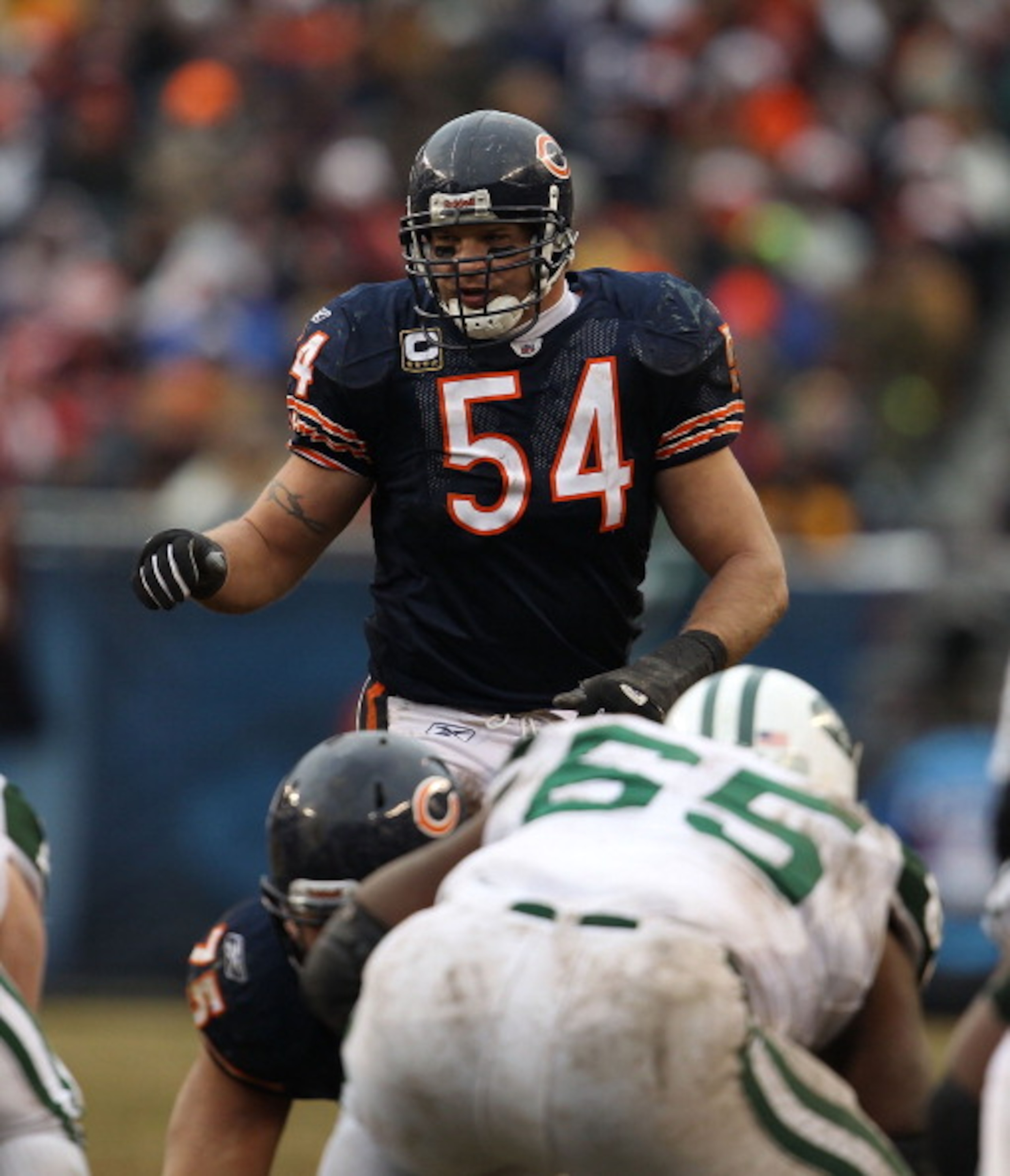 CHICAGO, IL - DECEMBER 26: Brian Urlacher #54 of the Chicago Bears awaits the start of play against the New York Jets at Soldier Field on December 26, 2010 in Chicago, Illinois. The Bears defeated the Jets 38-34. (Photo by Jonathan Daniel/Getty Images)