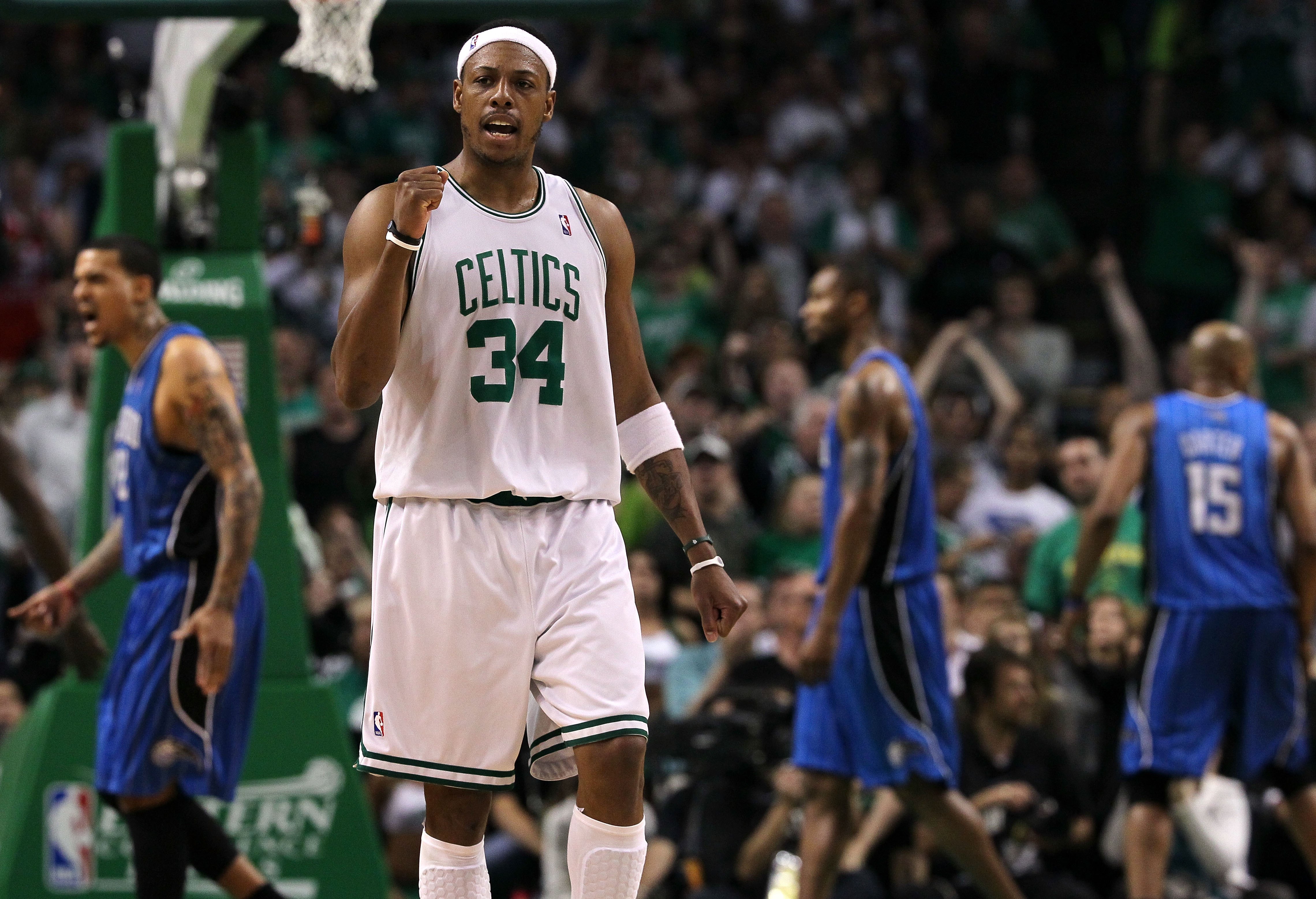 BOSTON - MAY 28:  Paul Pierce #34 of the Boston Celtics reacts against the Orlando Magic in Game Six of the Eastern Conference Finals during the 2010 NBA Playoffs at TD Garden on May 28, 2010 in Boston, Massachusetts.  NOTE TO USER: User expressly acknowl
