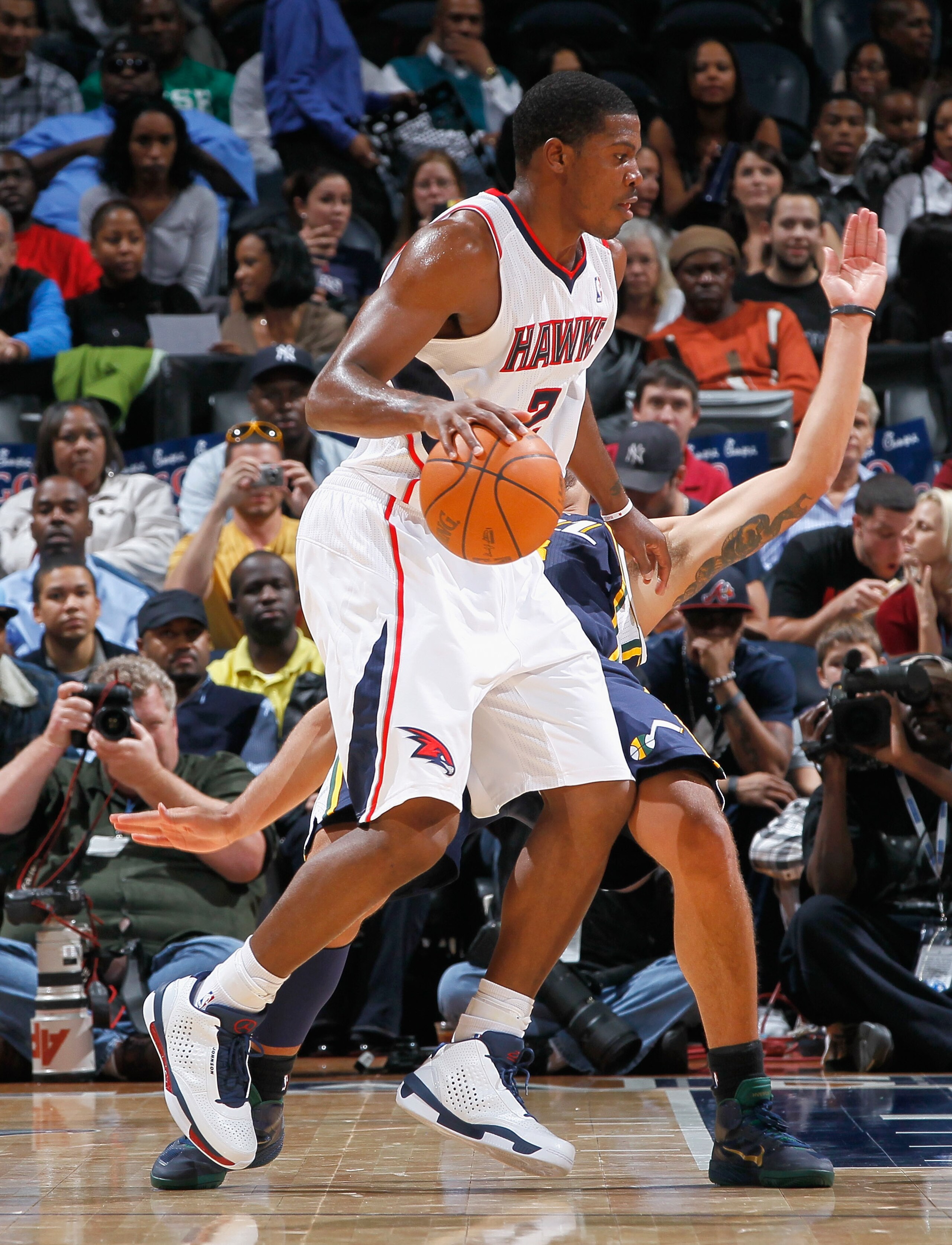 ATLANTA - NOVEMBER 12:  Joe Johnson #2 of the Atlanta Hawks against the Utah Jazz at Philips Arena on November 12, 2010 in Atlanta, Georgia.  NOTE TO USER: User expressly acknowledges and agrees that, by downloading and/or using this Photograph, User is c