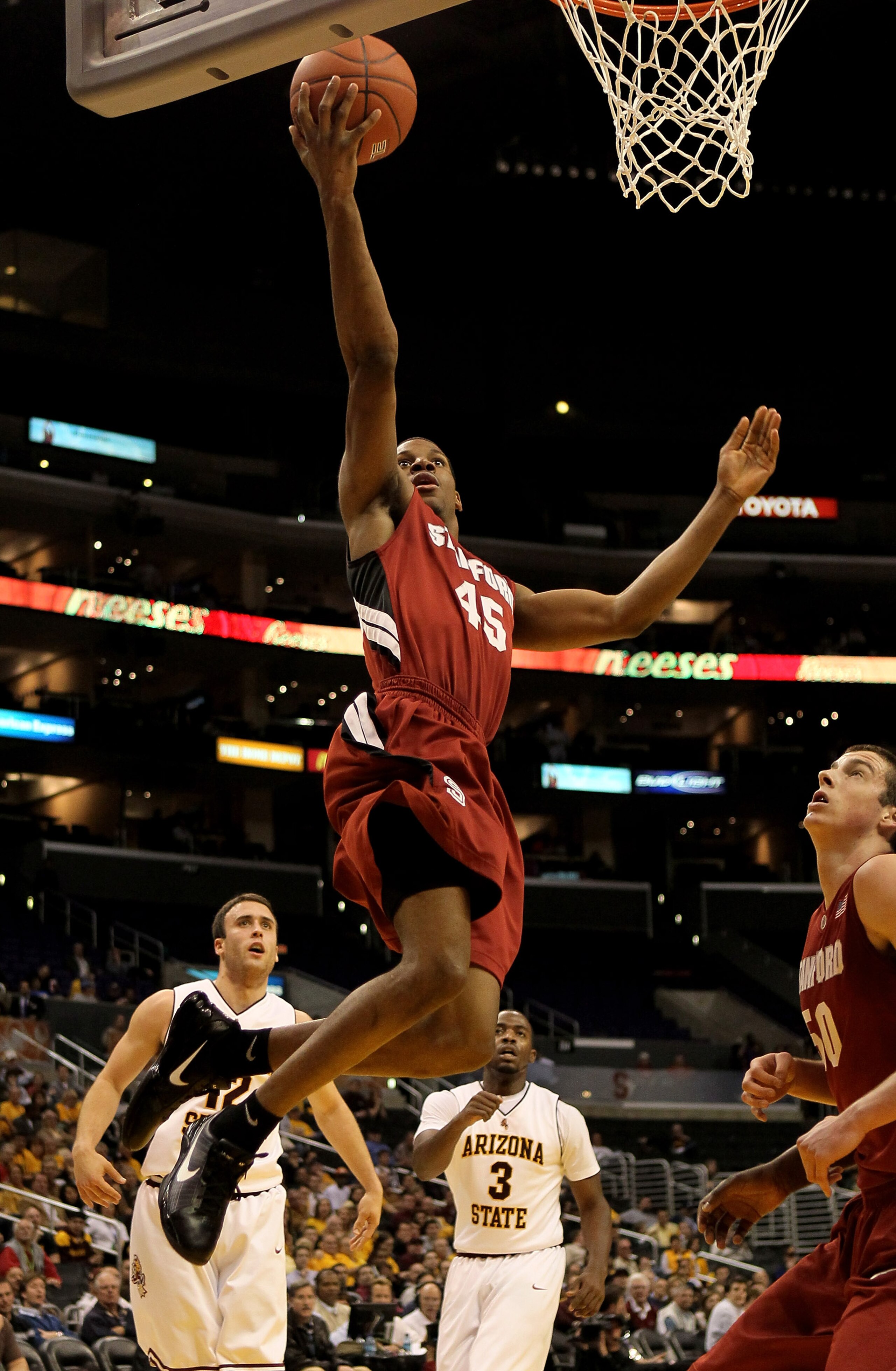 LOS ANGELES - MARCH 11: Jeremy Green #45 of the Stanford Cardinal  goes up fro a shot against the Arizona State Sun Devils during the quarterfinals of the Pac-10 Basketball Tournament at Staples Center on March 11, 2010 in Los Angeles, California.   (Phot