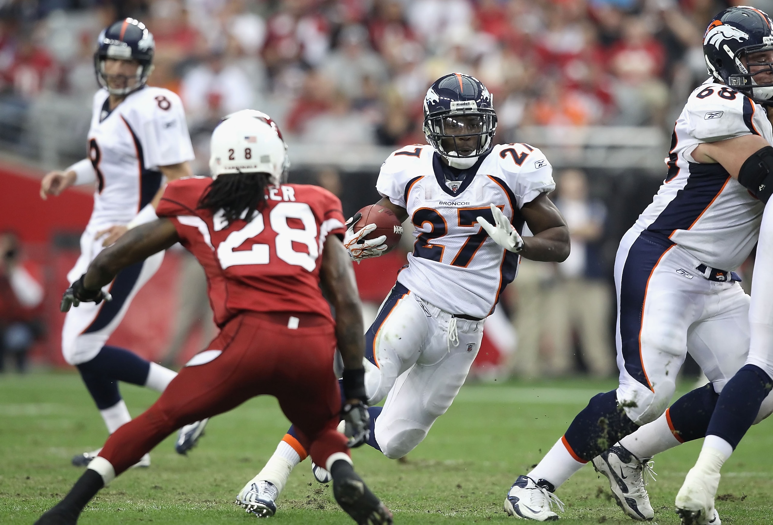 GLENDALE, AZ - DECEMBER 12:  Runningback Knowshon Moreno #27 of the Denver Broncos runs with the football during the NFL game against the Arizona Cardinals at the University of Phoenix Stadium on December 12, 2010 in Glendale, Arizona.  The Cardinals defe