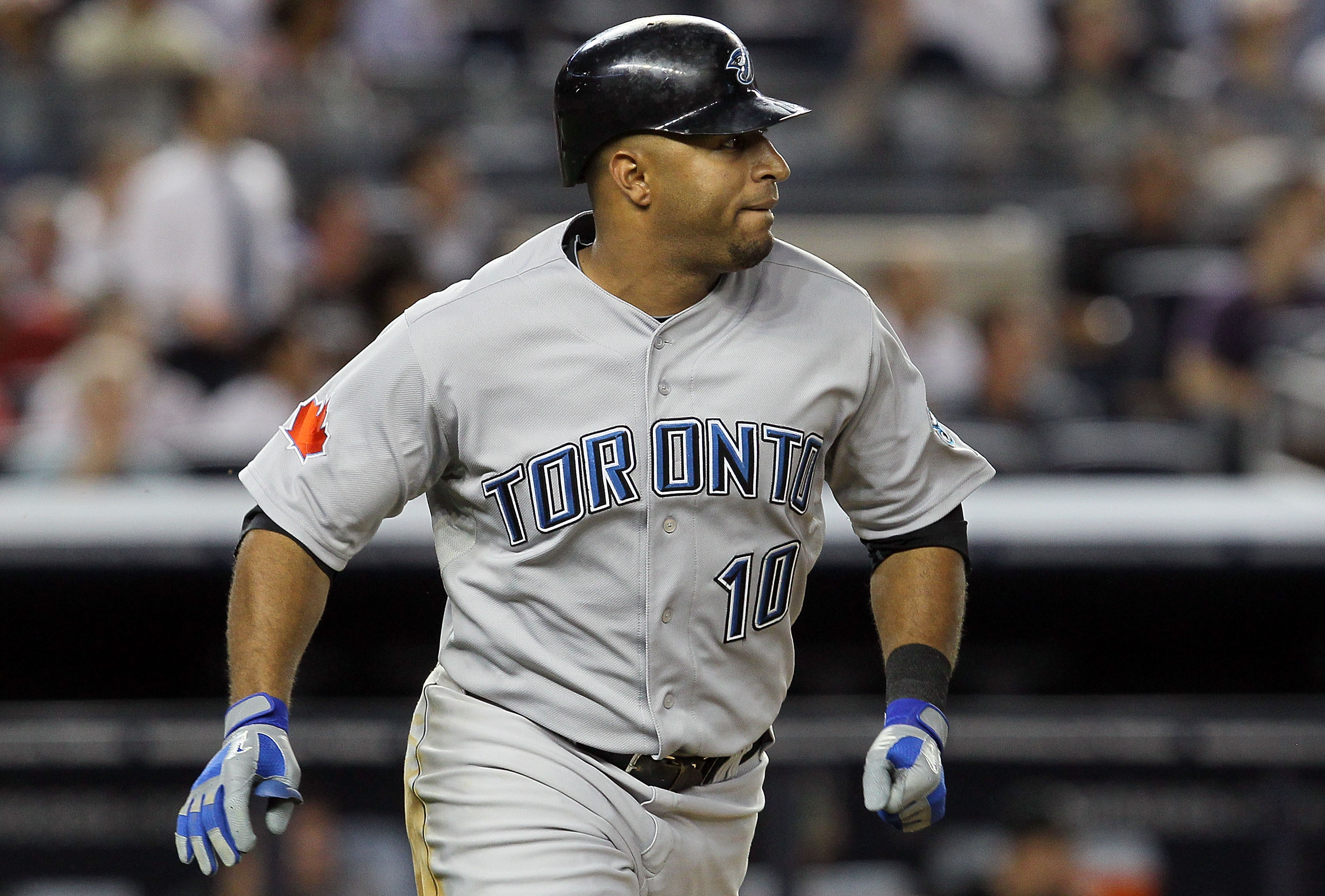 NEW YORK - AUGUST 03:  Vernon Wells #10 of the Toronto Blue Jays bats against of the New York Yankees on August 3, 2010 at Yankee Stadium in the Bronx borough of New York City. The Jays defeated the Yankees 8-2.  (Photo by Jim McIsaac/Getty Images)