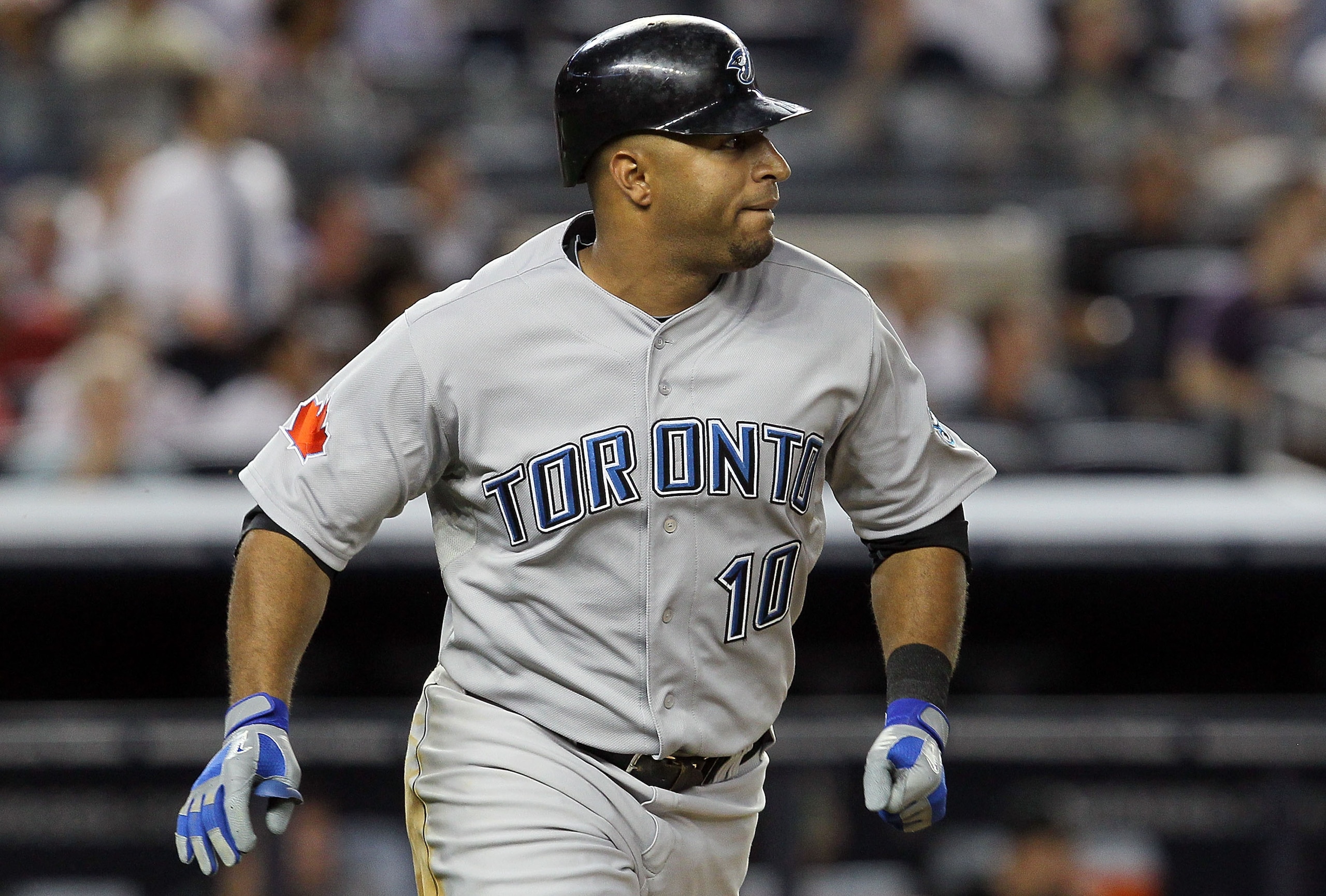 NEW YORK - AUGUST 03:  Vernon Wells #10 of the Toronto Blue Jays bats against of the New York Yankees on August 3, 2010 at Yankee Stadium in the Bronx borough of New York City. The Jays defeated the Yankees 8-2.  (Photo by Jim McIsaac/Getty Images)