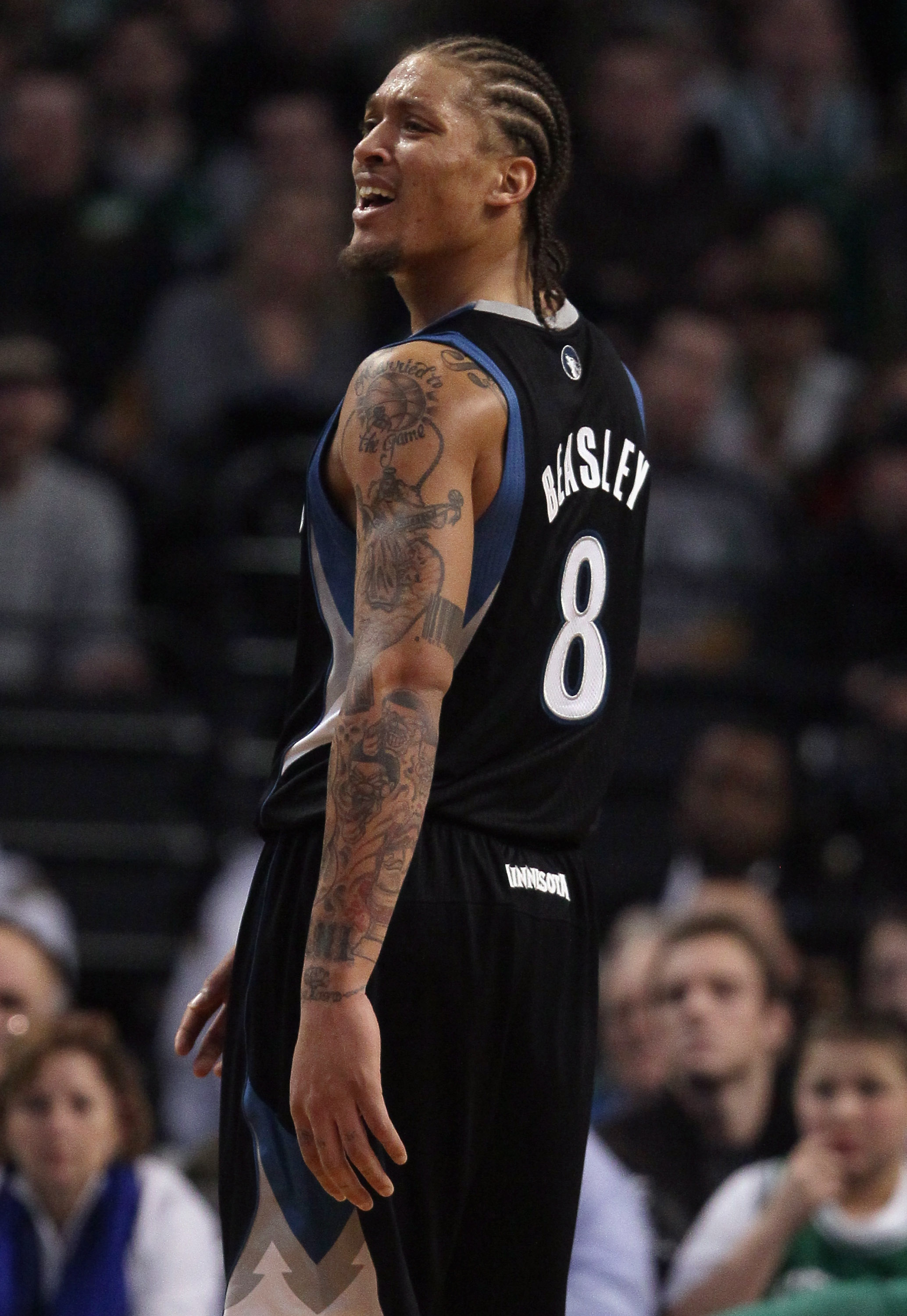 BOSTON, MA - JANUARY 03:  Michael Beasley #8 of the Minnesota Timberwolves reacts to a foul called against him in the second half against the Boston Celtics on January 3, 2011 at the TD Garden in Boston, Massachusetts. The Celtics defeated the Timberwolve