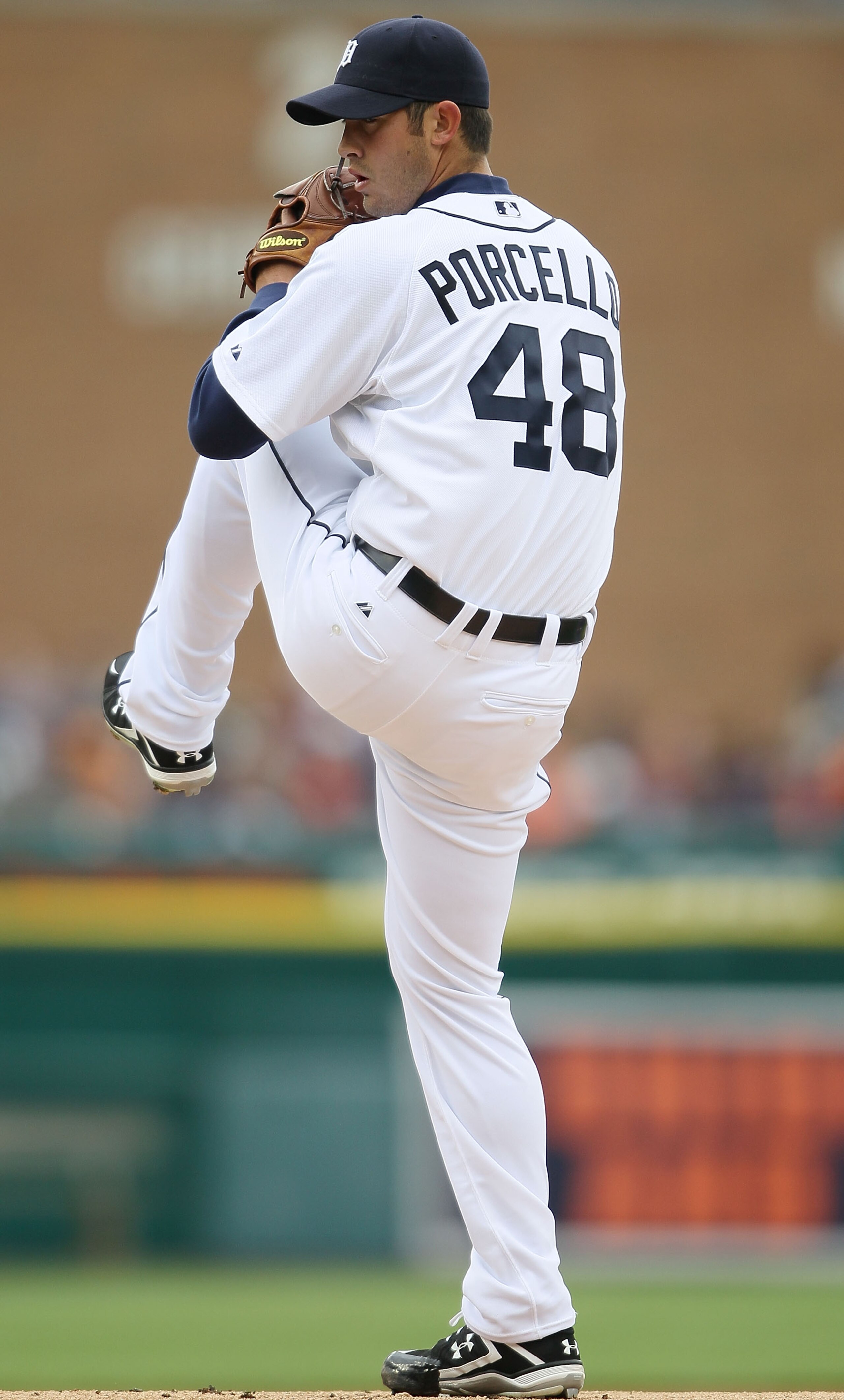 DETROIT - APRIL 09:  Rick Porcello #48 of the Detroit Tigers deliver a pitch against the Cleveland Indians on April 9, 2010 during Opening Day at Comerica Park in Detroit, Michigan.  (Photo by Elsa/Getty Images)