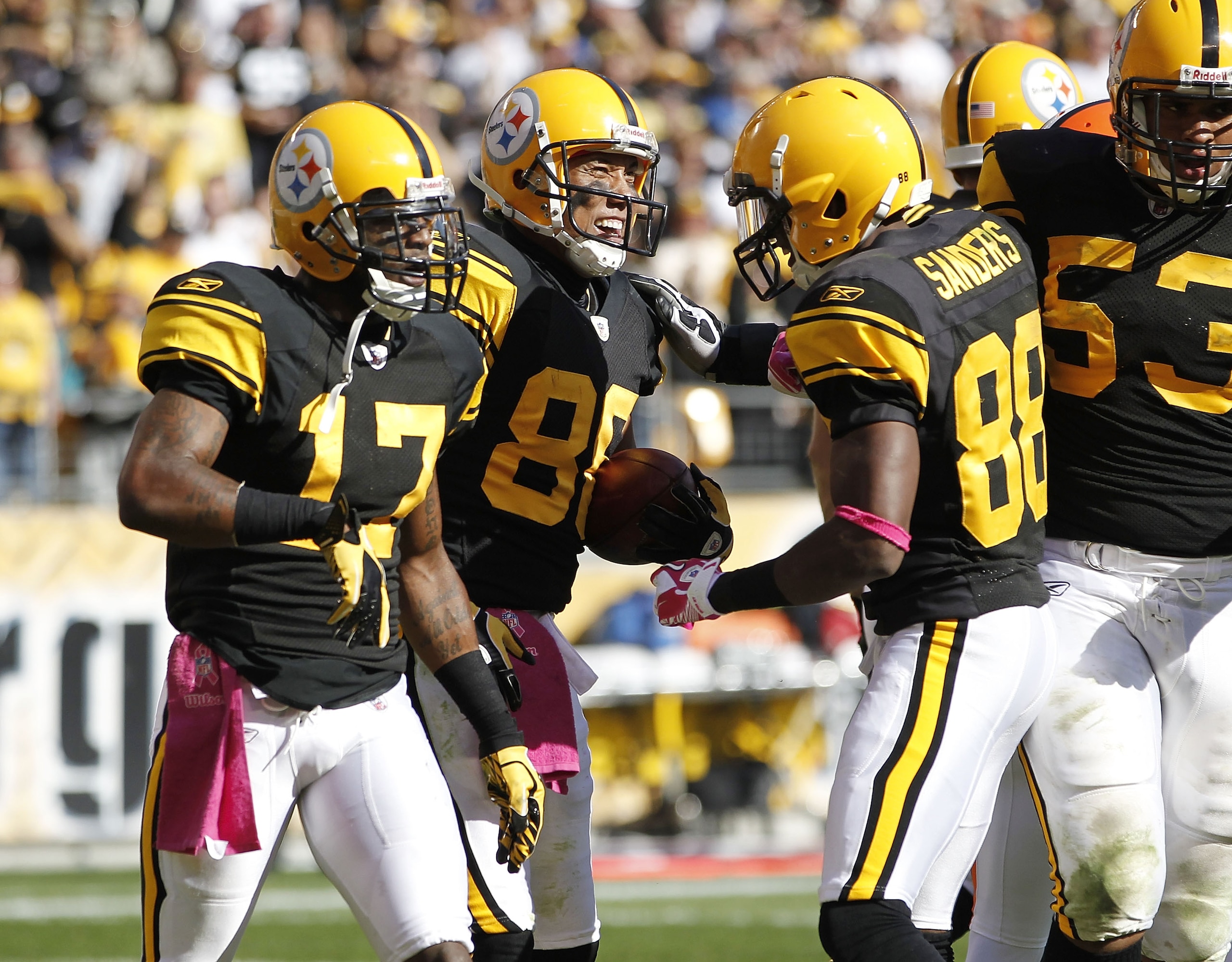 PITTSBURGH - OCTOBER 17:  Hines Ward #86 of the Pittsburgh Steelers celebrates a third quarter touchdown with Mike Wallace #17 and Emmanuel Sanders  #88 while playing the Cleveland Browns on October 17, 2010 at Heinz Field in Pittsburgh, Pennsylvania. Pit