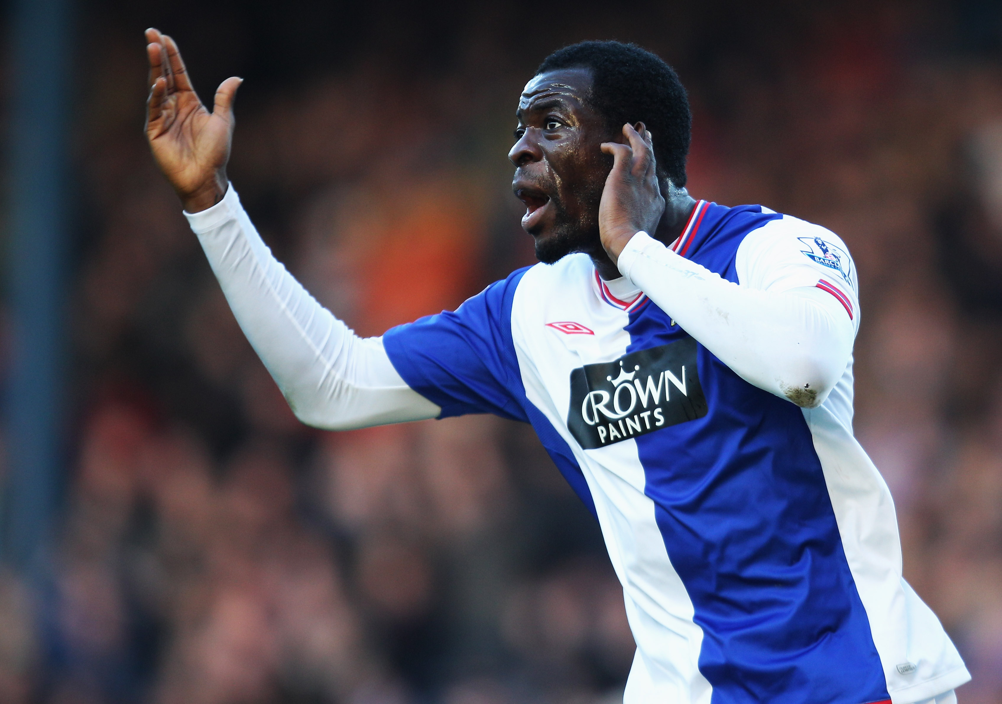 BLACKBURN, ENGLAND - JANUARY 17:  Chris Samba of Blackburn celebrates his goal by gesturing to the home fans during the Barclays Premier League match between Blackburn Rovers and Fulham at Ewood Park on January 17, 2010 in Blackburn, England.  (Photo by M