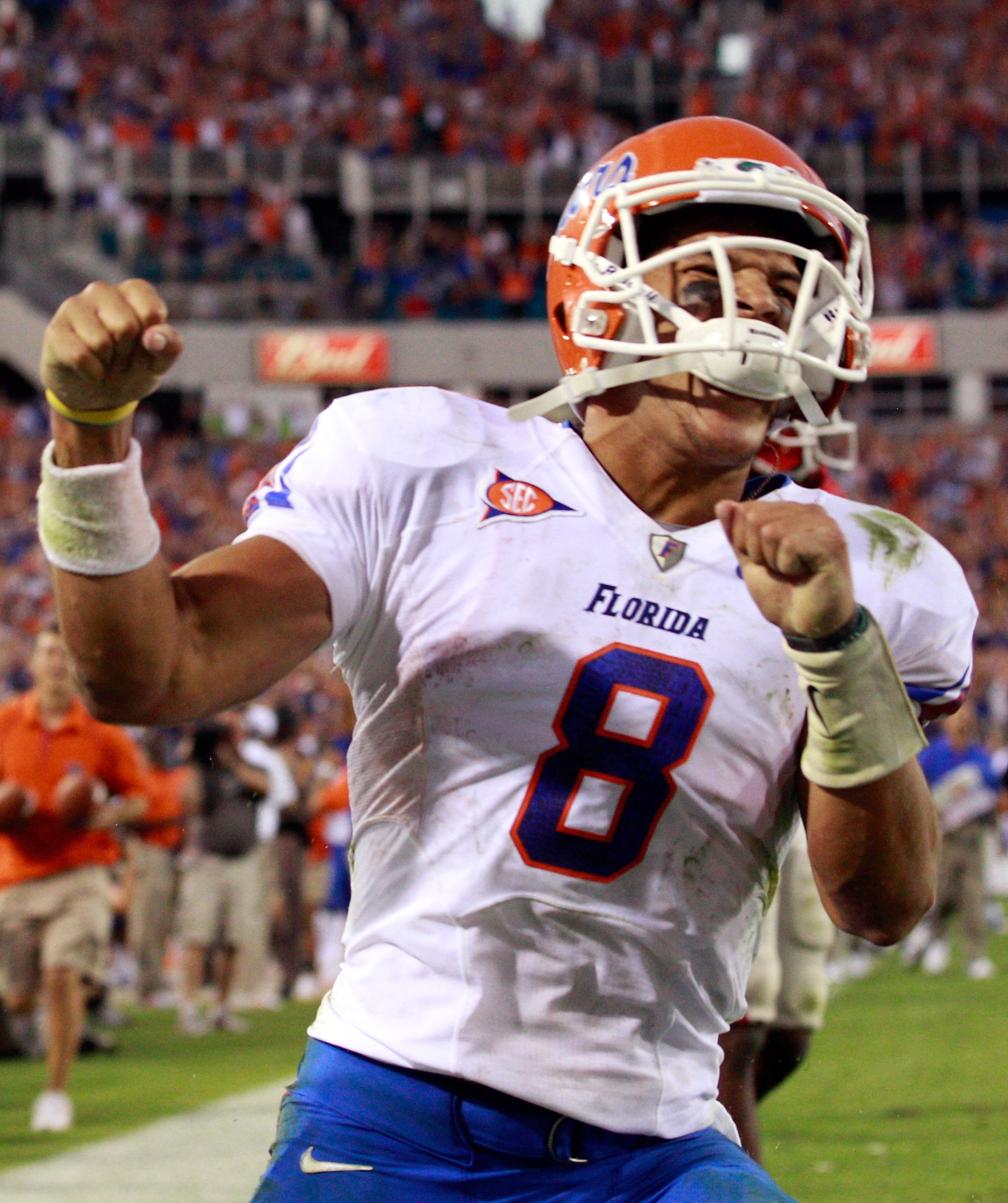 JACKSONVILLE, FL - OCTOBER 30:  Trey Burton #8 of the Florida Gators celebrates following a touchdown during the game against the Georgia Bulldogs at EverBank Field on October 30, 2010 in Jacksonville, Florida.  (Photo by Sam Greenwood/Getty Images)