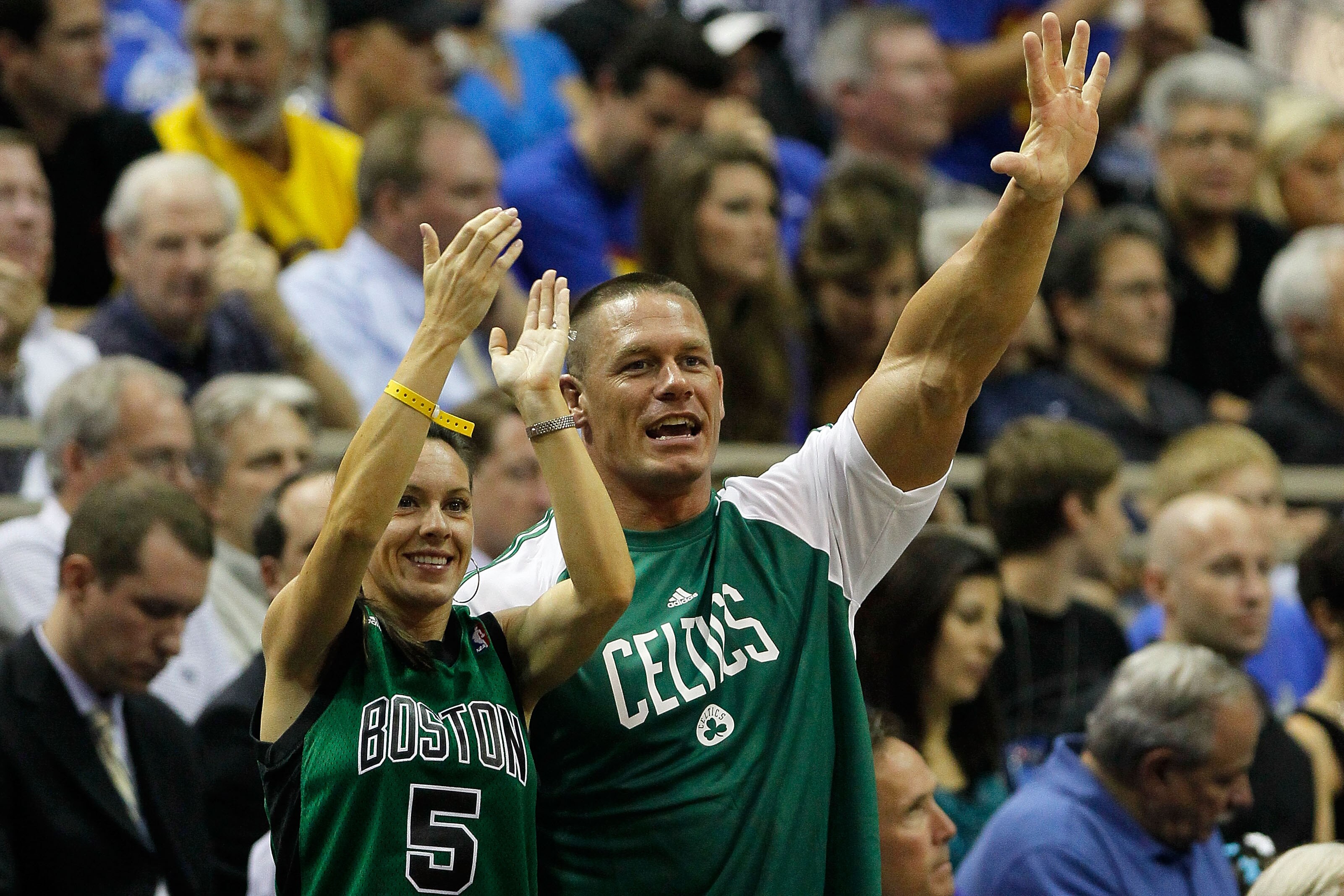 ORLANDO, FL - MAY 18:  Pro Wrestler John Cena cheeers for the Boston Celtics against of the Orlando Magic in Game Two of the Eastern Conference Finals during the 2010 NBA Playoffs at Amway Arena on May 18, 2010 in Orlando, Florida.  NOTE TO USER: User exp