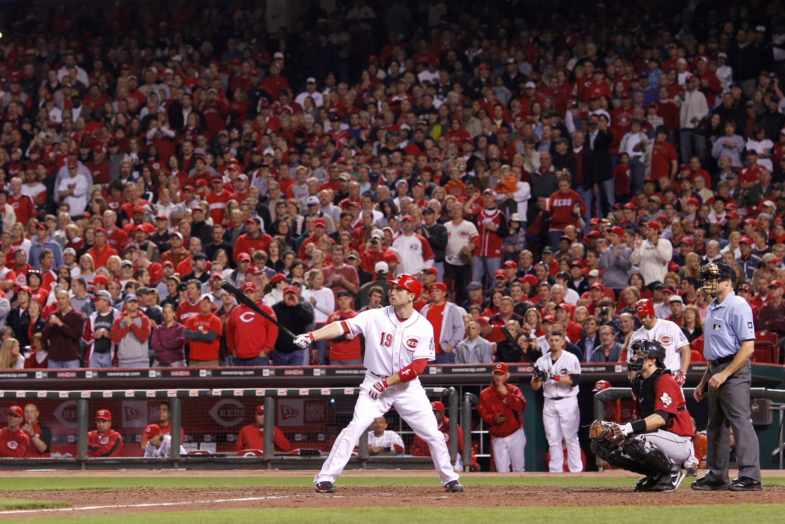 CINCINNATI, OH - SEPTEMBER 28: Joey Votto #19 of the Cincinnati Reds bats against the Houston Astros at Great American Ball Park on September 28, 2010 in Cincinnati, Ohio. The Reds won 3-2 to clinch the NL Central Division title. (Photo by Joe Robbins/Get CINCINNATI, OH - SEPTEMBER 28: Joey Votto #19 of the Cincinnati Reds bats against the Houston Astros at Great American Ball Park on September 28, 2010 in Cincinnati, Ohio. The Reds won 3-2 to clinch the NL Central Division title. (Photo by Joe Robbins/Get