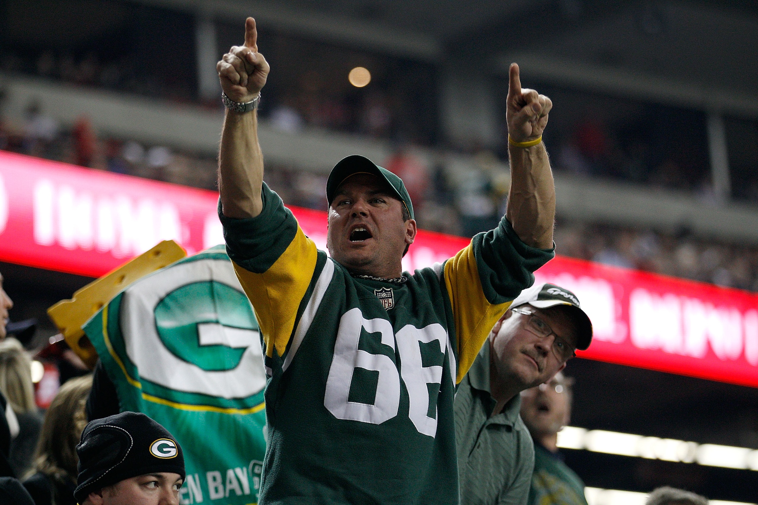 ATLANTA, GA - JANUARY 15:  A fan of the Green Bay Packers supports his team against the Atlanta Falcons during their 2011 NFC divisional playoff game at Georgia Dome on January 15, 2011 in Atlanta, Georgia.  (Photo by Chris Graythen/Getty Images)