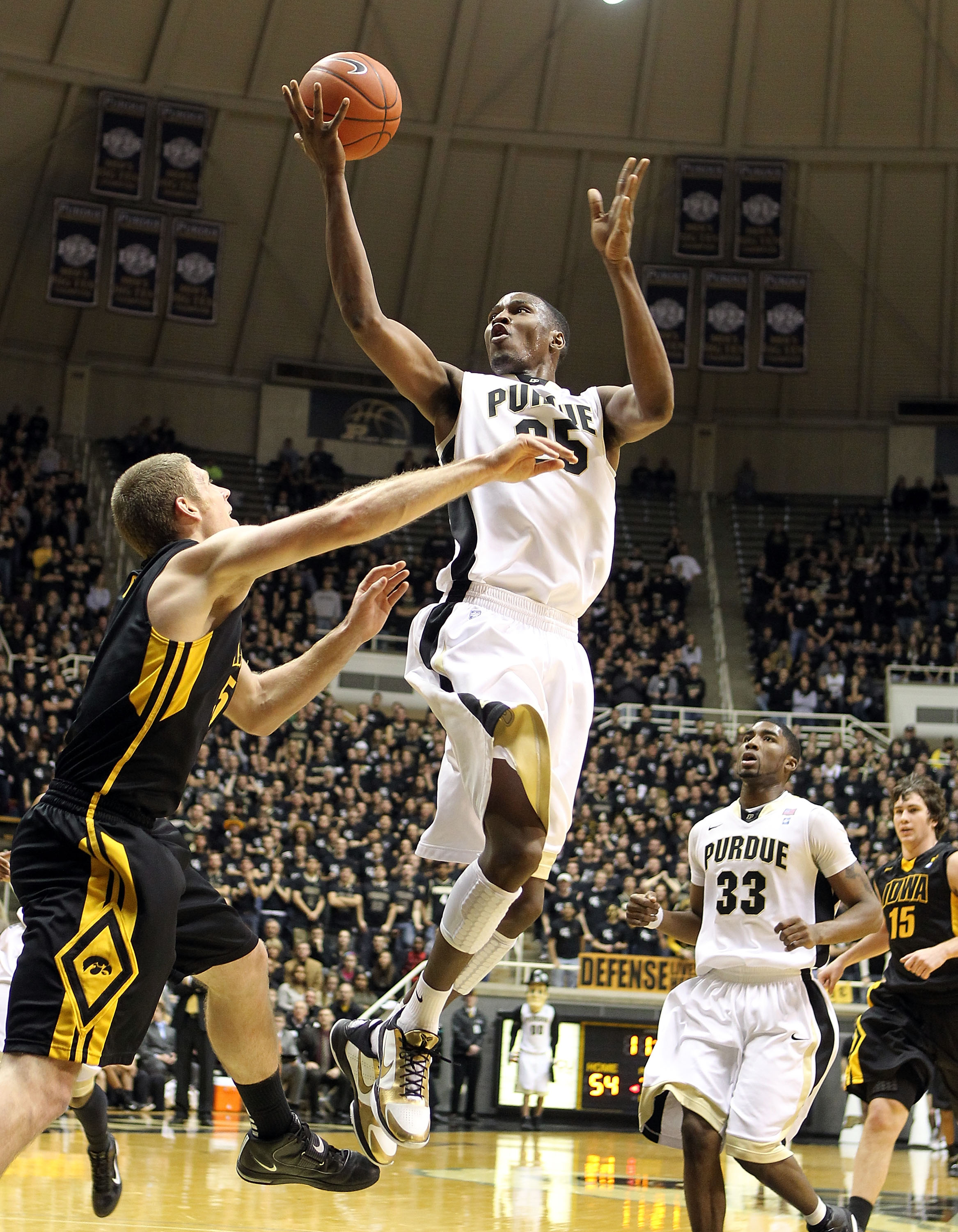 WEST LAFAYETTE, IN - JANUARY 09:  JaJuan Johnson #25 of the Purdue Boilermakers shoots the ball during the Big Ten Conference game against the Iowa Hawkeyes at Mackey Arena on January 9, 2011 in West Lafayette, Indiana.  Purdue won 75-52.  (Photo by Andy
