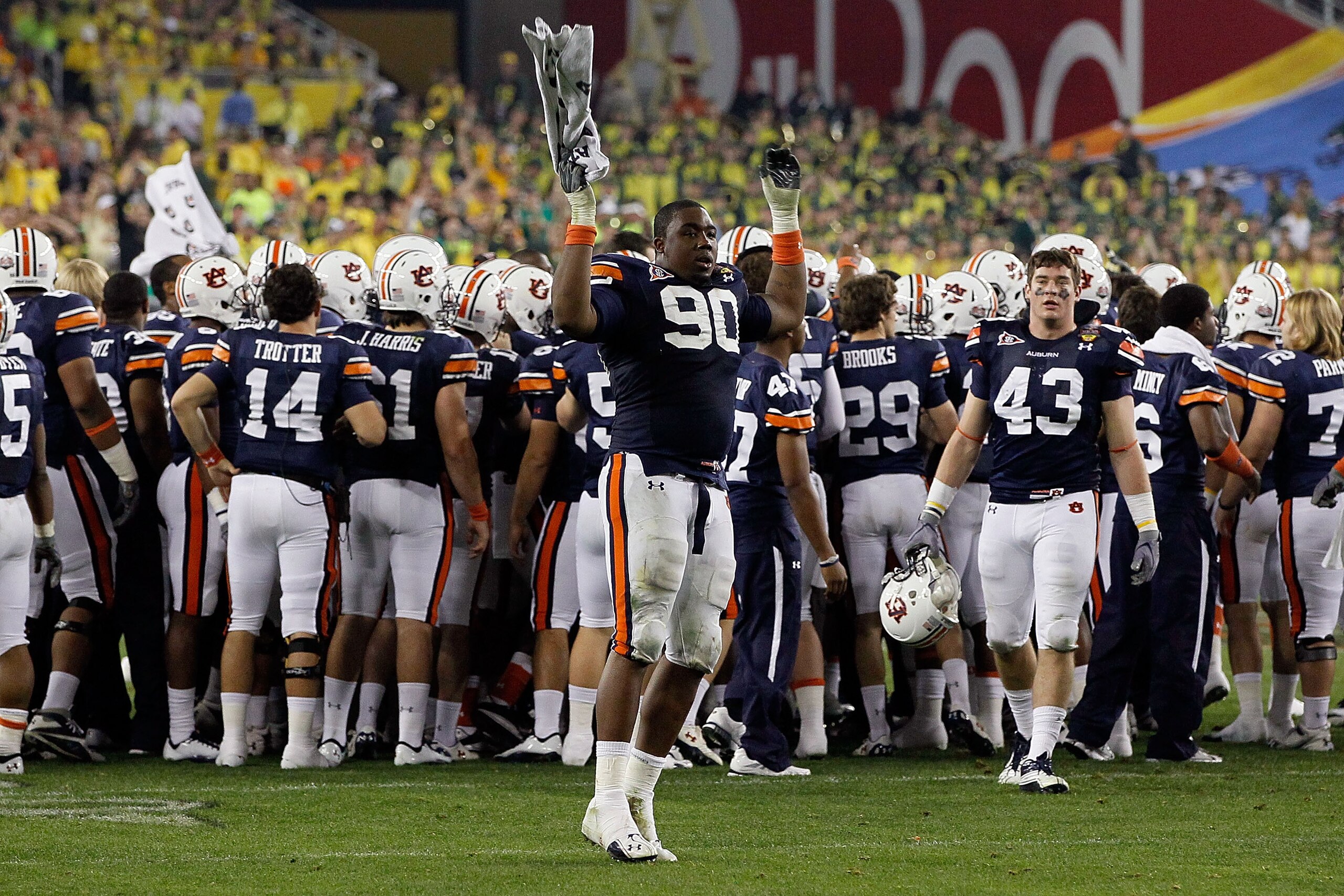GLENDALE, AZ - JANUARY 10:  Nick Fairley #90 of the Auburn Tigers takes the field to start fourth quarter against the Oregon Ducks during the Tostitos BCS National Championship Game at University of Phoenix Stadium on January 10, 2011 in Glendale, Arizona