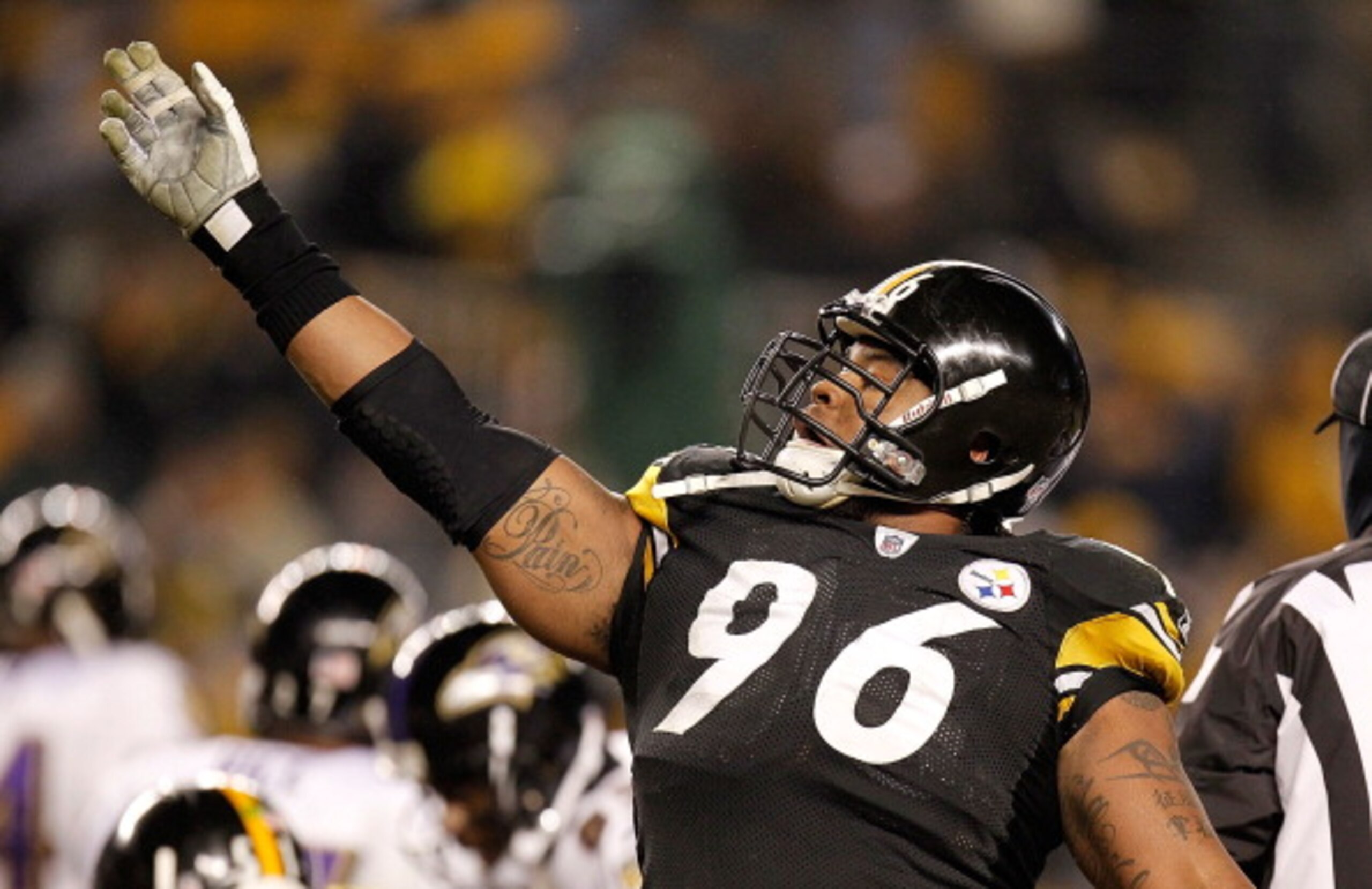 PITTSBURGH, PA - JANUARY 15:  Defensive end Ziggy Hood #96 of the Pittsburgh Steelers reacts after a turnover by the Baltimore Ravens in the third quarter of the AFC Divisional Playoff Game at Heinz Field on January 15, 2011 in Pittsburgh, Pennsylvania.