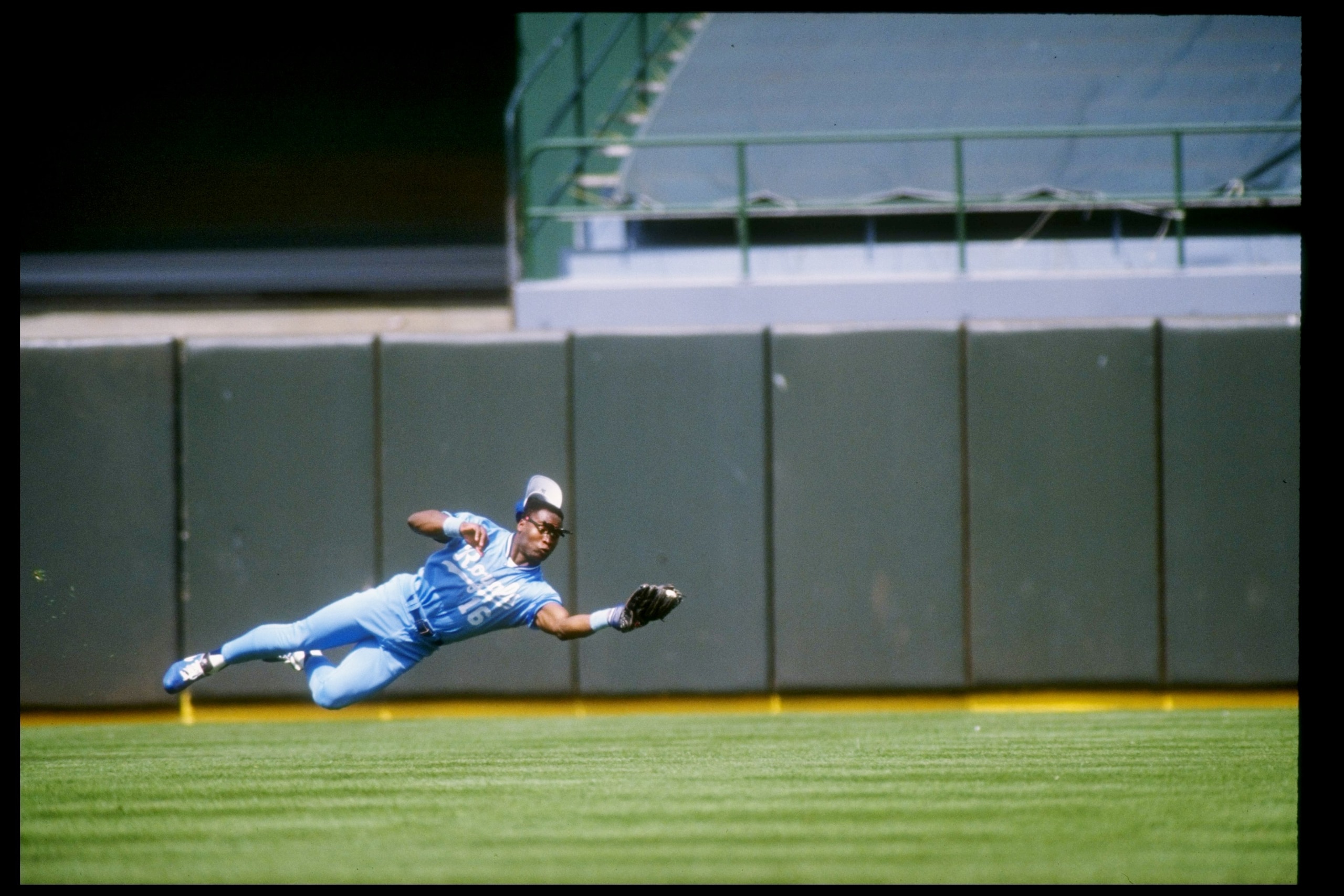 American professional athlete Bo Jackson of the Kansas City Royals in action during an away game, 1990.  Mandatory Credit: Otto Greule  /Allsport