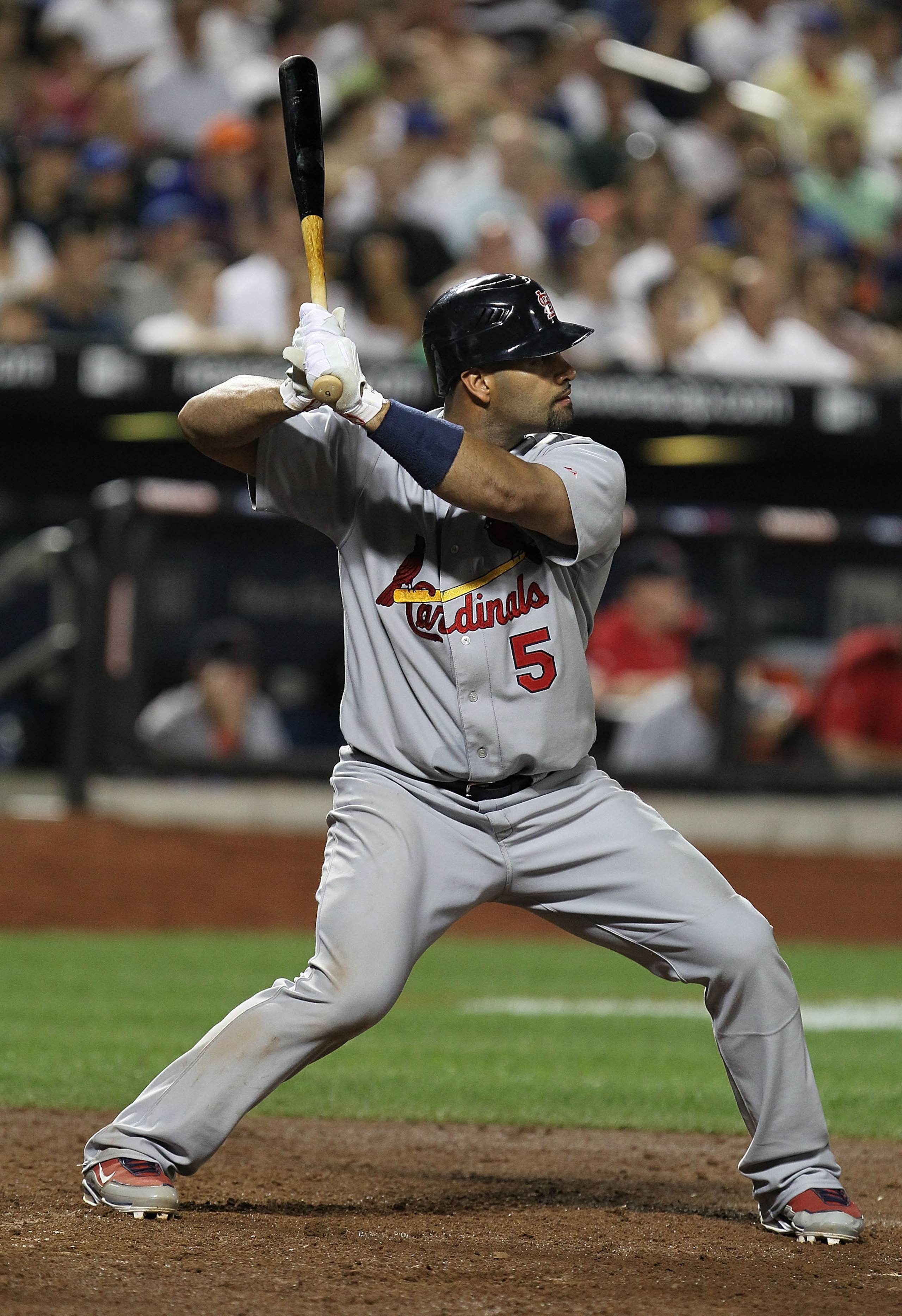 NEW YORK - JULY 27: Albert Pujols #5 of the St. Louis Cardinals in action against the New York Mets during their game on July 27, 2010 at Citi Field in the Flushing neighborhood of the Queens borough of New York City. (Photo by Al Bello/Getty Images) NEW YORK - JULY 27: Albert Pujols #5 of the St. Louis Cardinals in action against the New York Mets during their game on July 27, 2010 at Citi Field in the Flushing neighborhood of the Queens borough of New York City. (Photo by Al Bello/Getty Images)