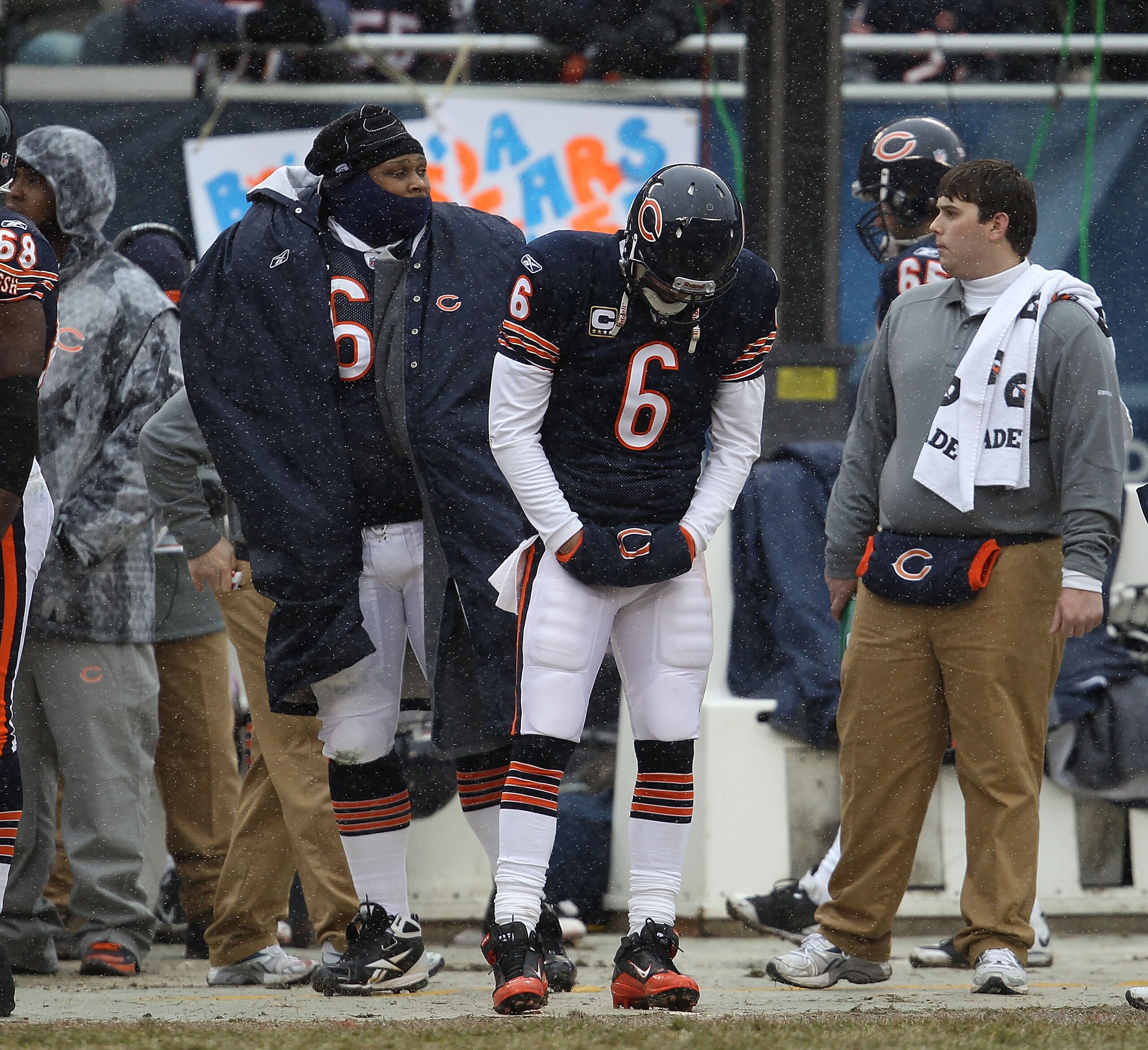 CHICAGO, IL - DECEMBER 26: Jay Cutler #6 of the Chicago Bears reacts on the sidelines after throwing an interception for a touchdown against the New York Jets at Soldier Field on December 26, 2010 in Chicago, Illinois. The Bears defeated the Jets 38-34. (