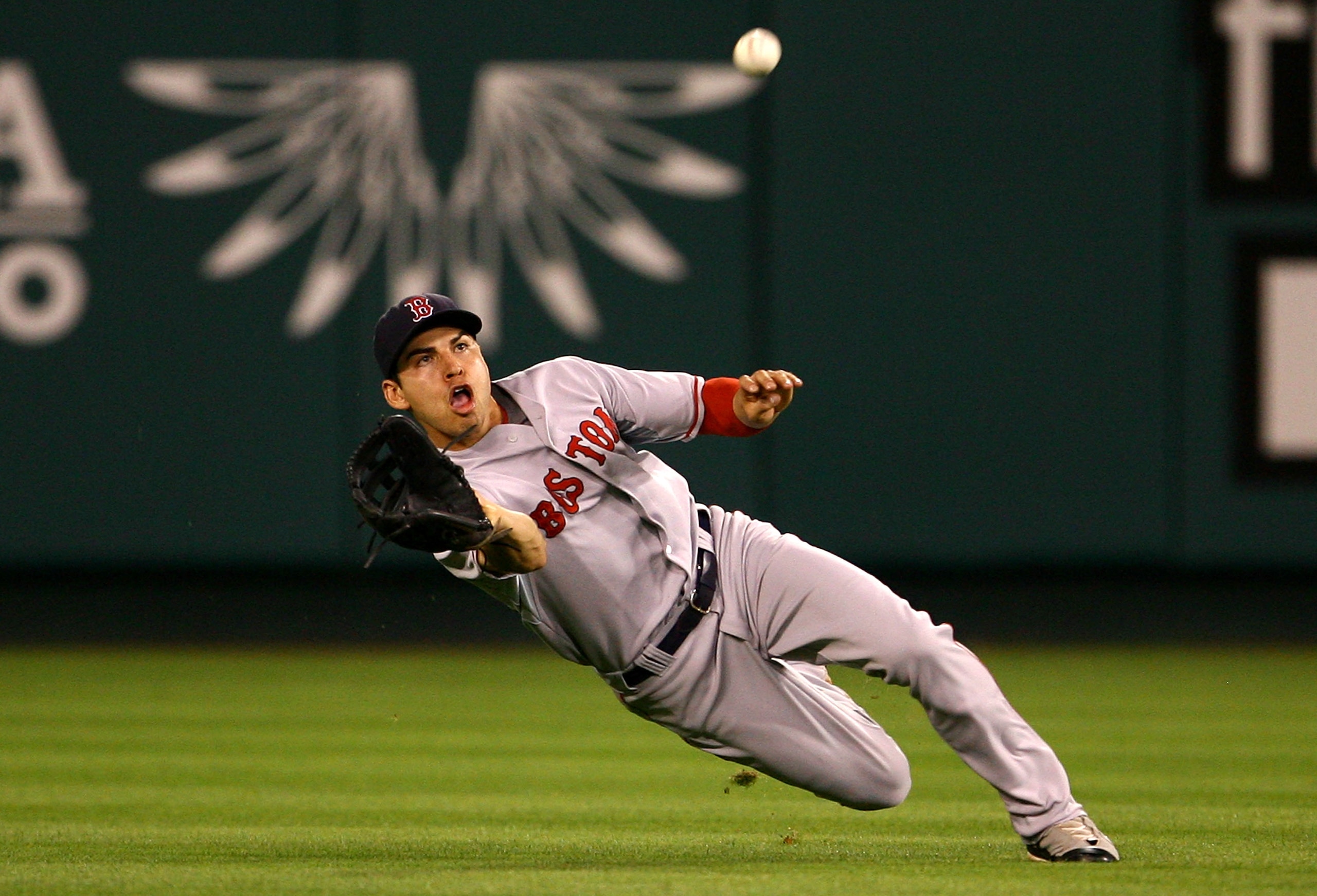 ANAHEIM, CA - OCTOBER 01: Jacoby Ellsbury #46 of the Boston Red Sox makes a catch on a hit by Mark Teixeira #25 of the Los Angeles Angels of Anaheim in the eighth inning of game one of the American League Division Series at Angel Stadium on October 1, 2 ANAHEIM, CA - OCTOBER 01: Jacoby Ellsbury #46 of the Boston Red Sox makes a catch on a hit by Mark Teixeira #25 of the Los Angeles Angels of Anaheim in the eighth inning of game one of the American League Division Series at Angel Stadium on October 1, 2