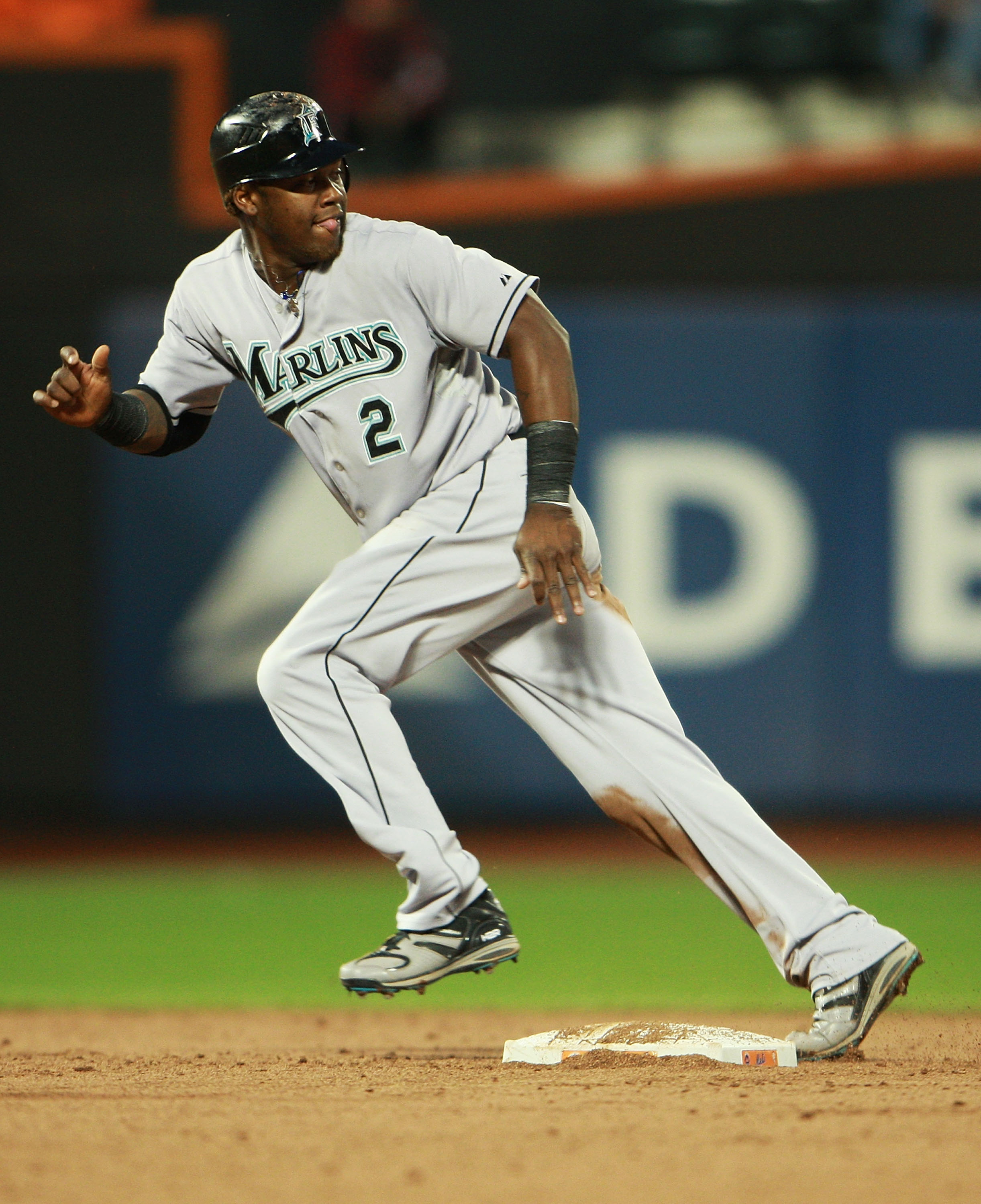 NEW YORK - AUGUST 25:  Hanley Ramirez #2 of the Florida Marlins watches the ball as he successfully steals second and third base in the third inning on August 25, 2010 at Citi Field in the Flushing neighborhood of the Queens borough of New York City.  (Ph