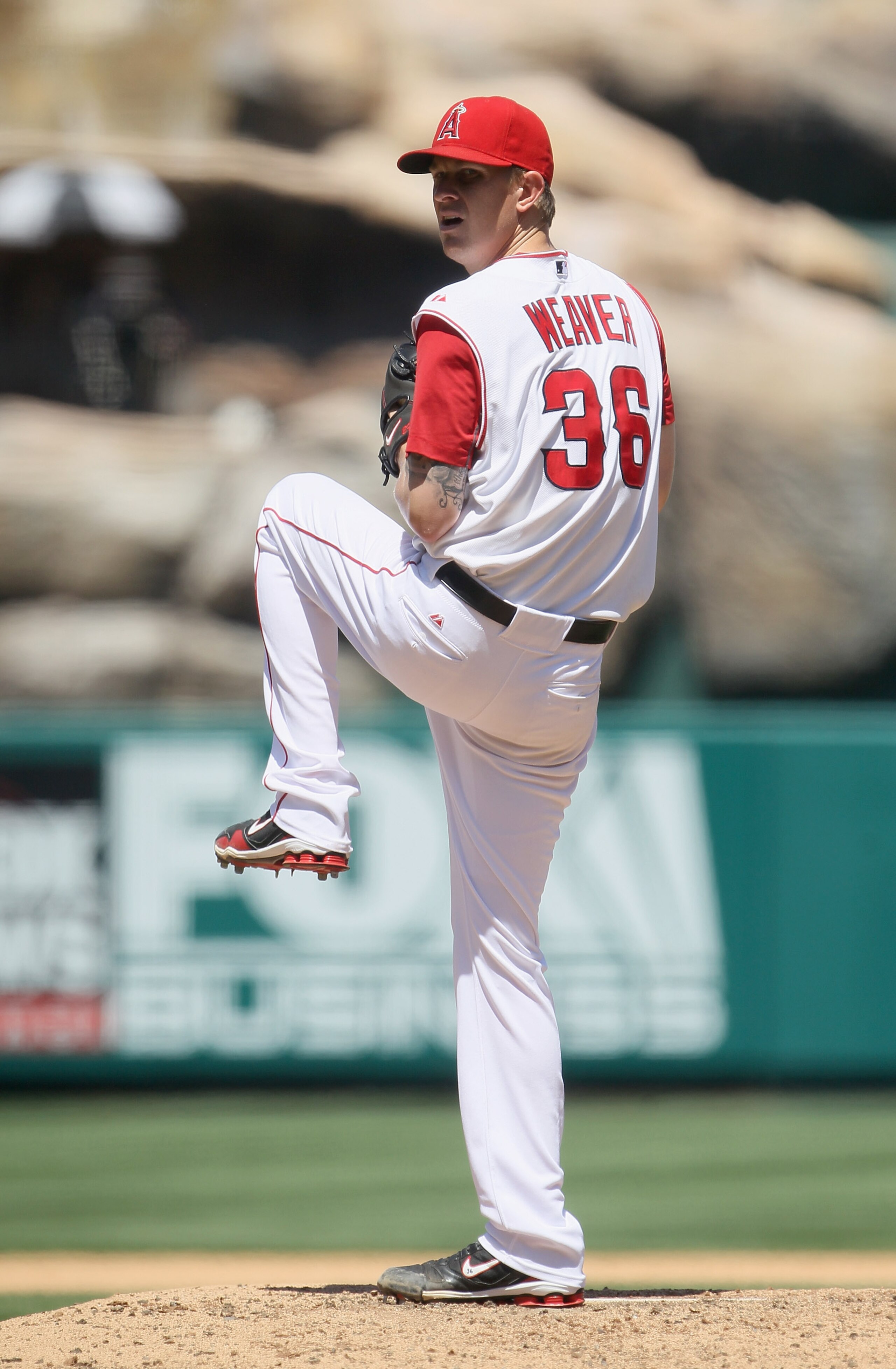 ANAHEIM, CA - AUGUST 11:  Jered Weaver #36 of the Los Angeles Angels of Anaheim pitches against the Kansas City Royals at Angel Stadium on August 11, 2010 in Anaheim, California.  (Photo by Jeff Gross/Getty Images)