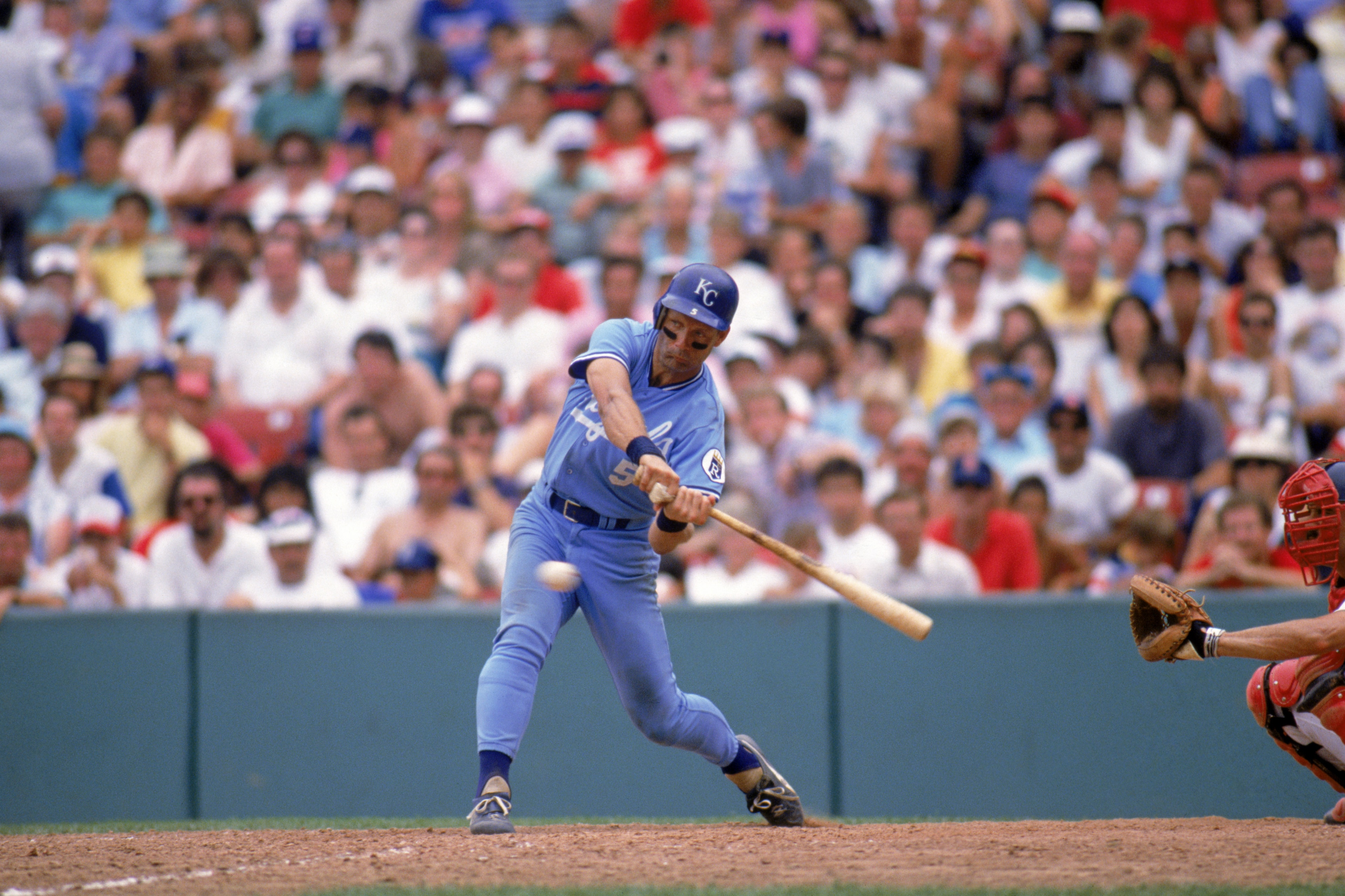 1988:  George Brett #5 of the Kansas City Royals swings at a pitch during a game in 1988.  (Photo by Rick Stewart/Getty Images)