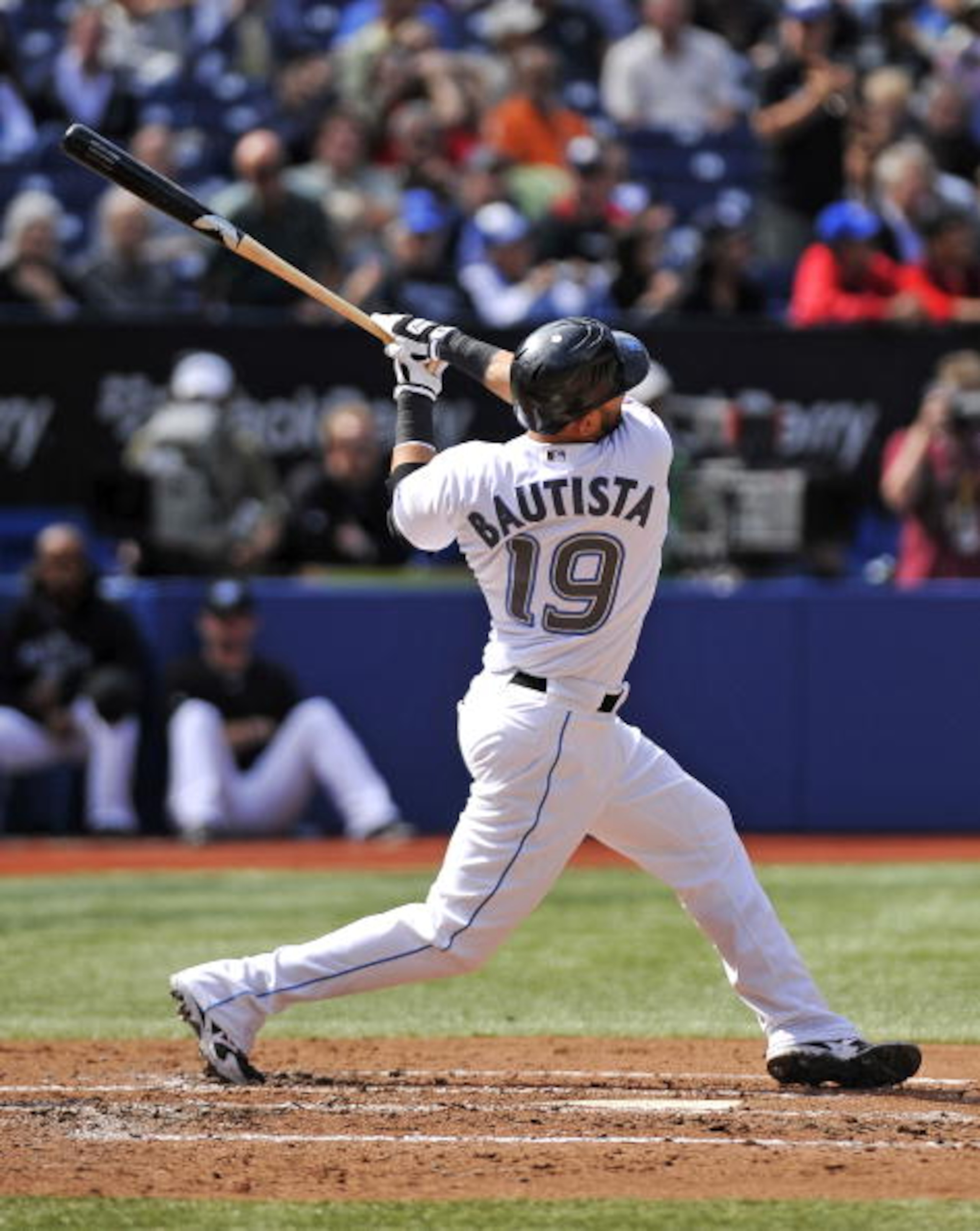 TORONTO - SEPTEMBER 23: Jose Bautista #19 of the Toronto Blue Jays bats during the game against the Seattle Mariners on September 23, 2010 at Rogers Centre in Toronto, Ontario, Canada. The Blue Jays defeated the Mariners 1-0. (Photo by Brad White/Getty TORONTO - SEPTEMBER 23: Jose Bautista #19 of the Toronto Blue Jays bats during the game against the Seattle Mariners on September 23, 2010 at Rogers Centre in Toronto, Ontario, Canada. The Blue Jays defeated the Mariners 1-0. (Photo by Brad White/Getty