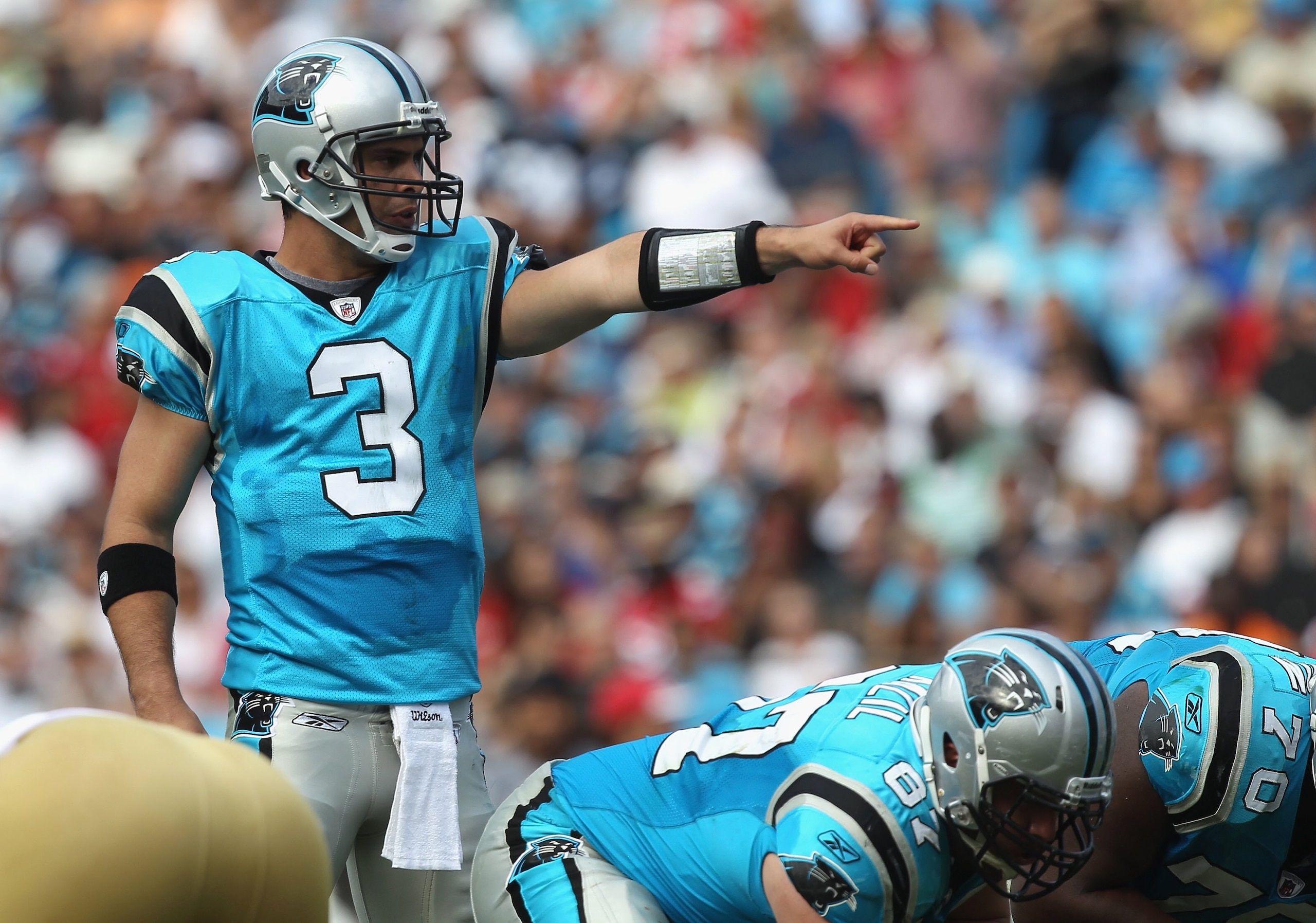 CHARLOTTE, NC - OCTOBER 24:  Matt Moore #3 of the Carolina Panthers against the San Francisco 49ers during their game at Bank of America Stadium on October 24, 2010 in Charlotte, North Carolina.  (Photo by Streeter Lecka/Getty Images)