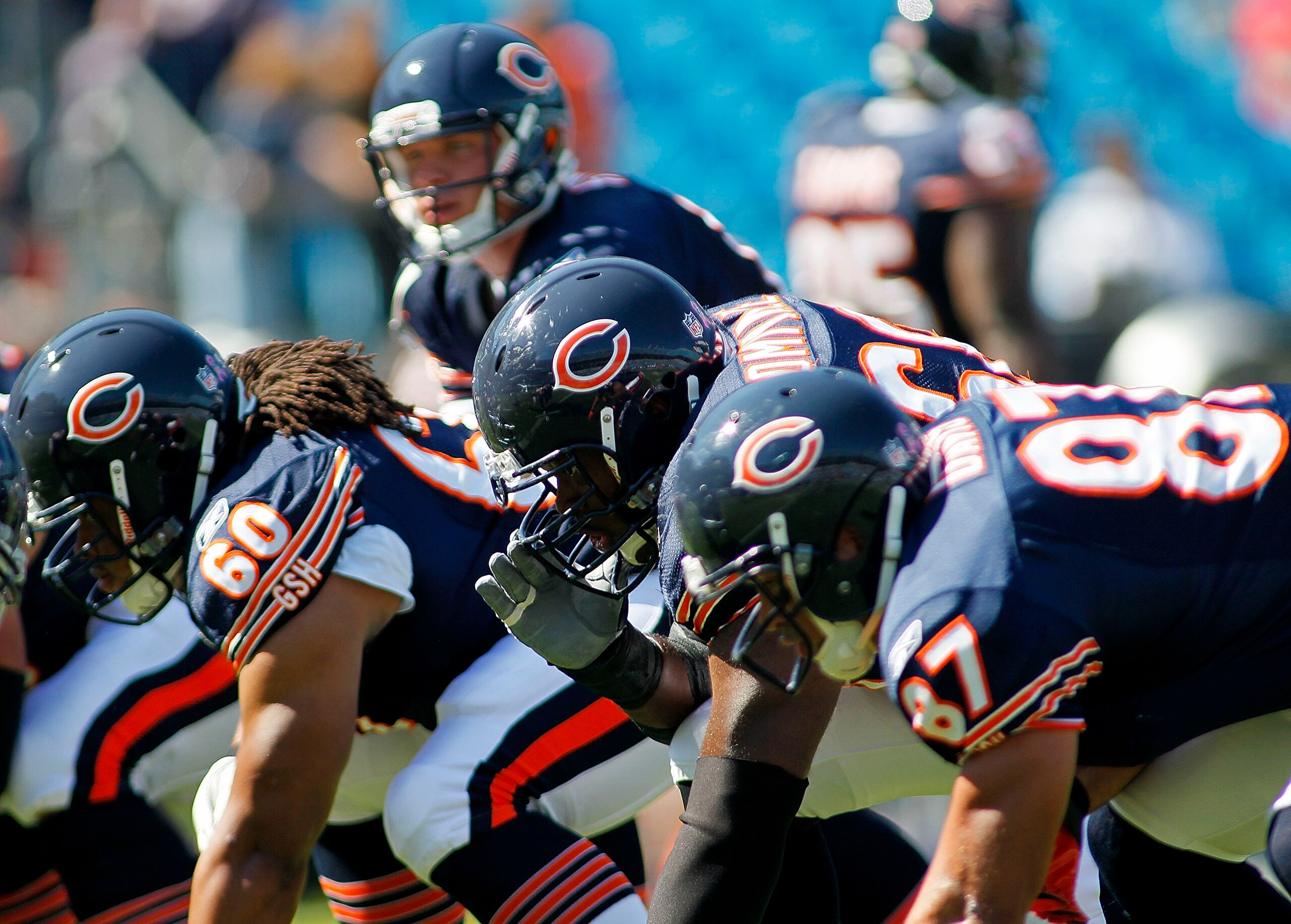 CHARLOTTE, NC - OCTOBER 10: The offensive line of the Chicago Bears warms up prior to the Bears game against the Carolina Panthers at Bank of America Stadium on October 10, 2010 in Charlotte, North Carolina. (Photo by Geoff Burke/Getty Images)
