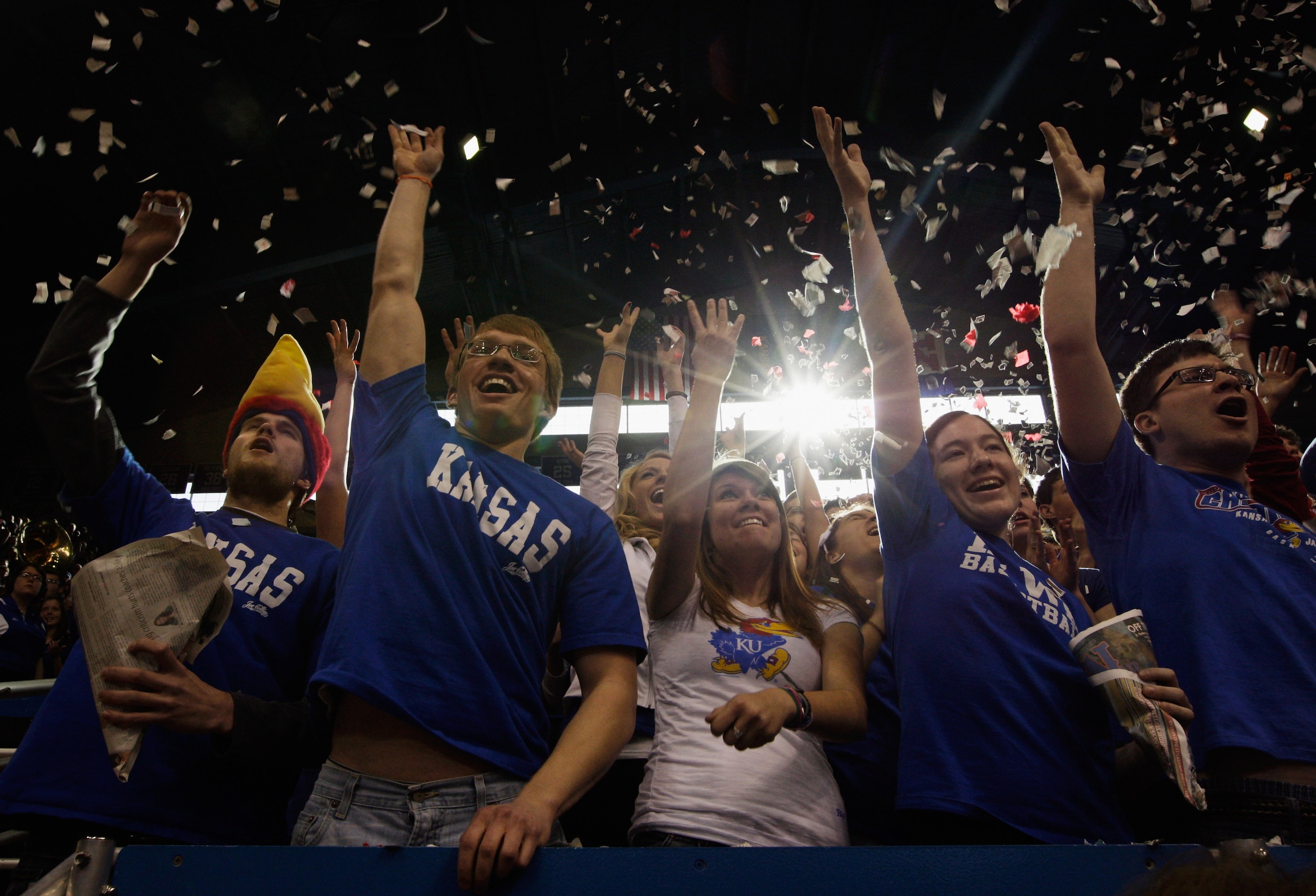 LAWRENCE, KS - JANUARY 15:  Kansas fans cheer during player introductions prior to the game between the Kansas Jayhawks and the Nebraska Cornhuskers on January 15, 2011 at Allen Fieldhouse in Lawrence, Kansas.  (Photo by Jamie Squire/Getty Images)