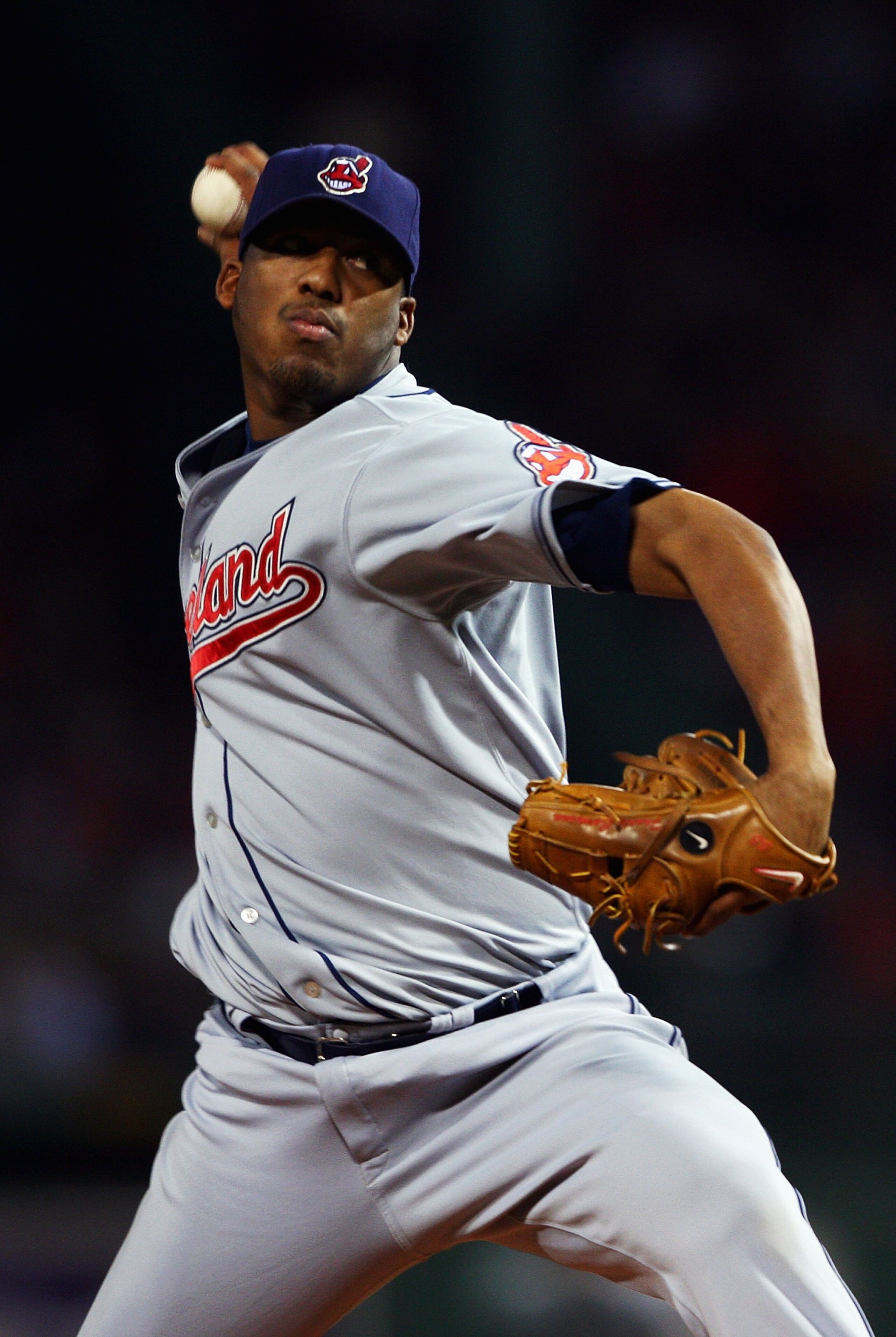 BOSTON - OCTOBER 13:  Starting pitcher Fausto Carmona #55 of the Cleveland Indians pitches of the Boston Red Sox during Game Two of the American League Championship Series at Fenway Park on October 13, 2007 in Boston, Massachusetts.  (Photo by Elsa/Getty