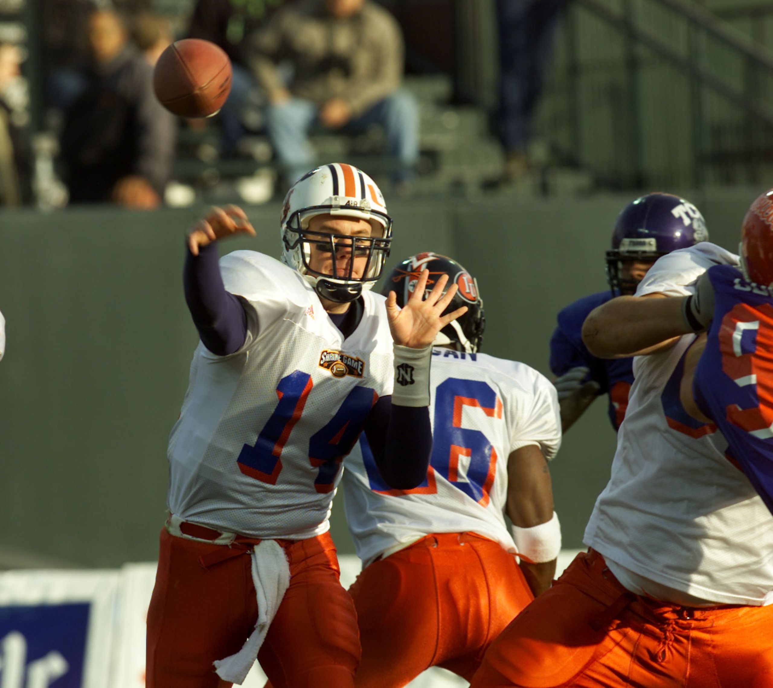 13 Jan 2001: Quarterback Ben Leard #14 of Auburn throws the ball for the East Team in the East-West Shrine Game at Pacific Bell Park in San Francisco, California. DIGITAL IMAGE Mandatory Credit: Tom Hauck/ALLSPORT 13 Jan 2001: Quarterback Ben Leard #14 of Auburn throws the ball for the East Team in the East-West Shrine Game at Pacific Bell Park in San Francisco, California. DIGITAL IMAGE Mandatory Credit: Tom Hauck/ALLSPORT