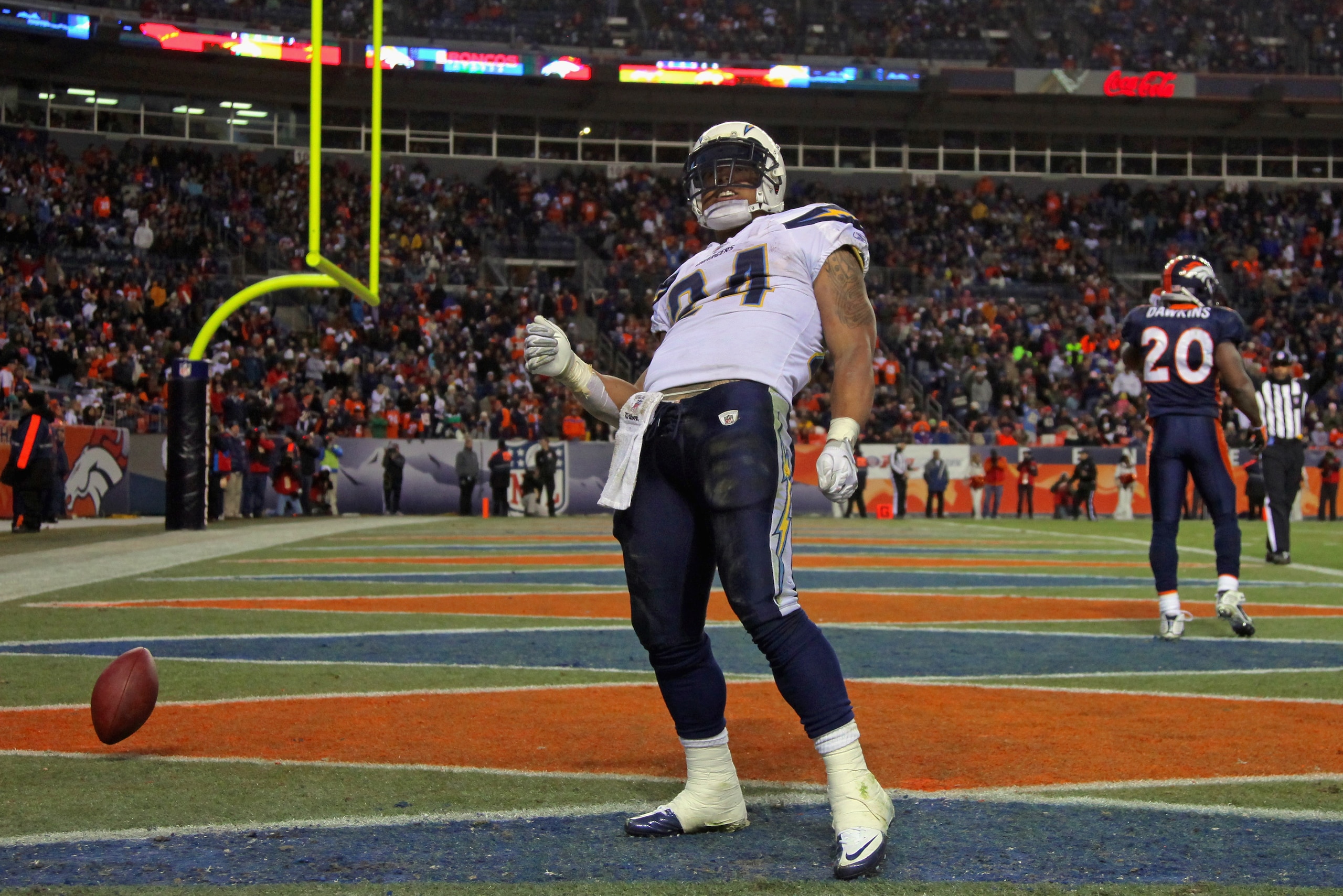 DENVER - JANUARY 02:  Running back Ryan Mathews #24 of the San Diego Chargers celebrates his 31 yard touchdown run on fourth down and one yard to go in the fourth quarter against the Denver Broncos at INVESCO Field at Mile High on January 2, 2011 in Denve